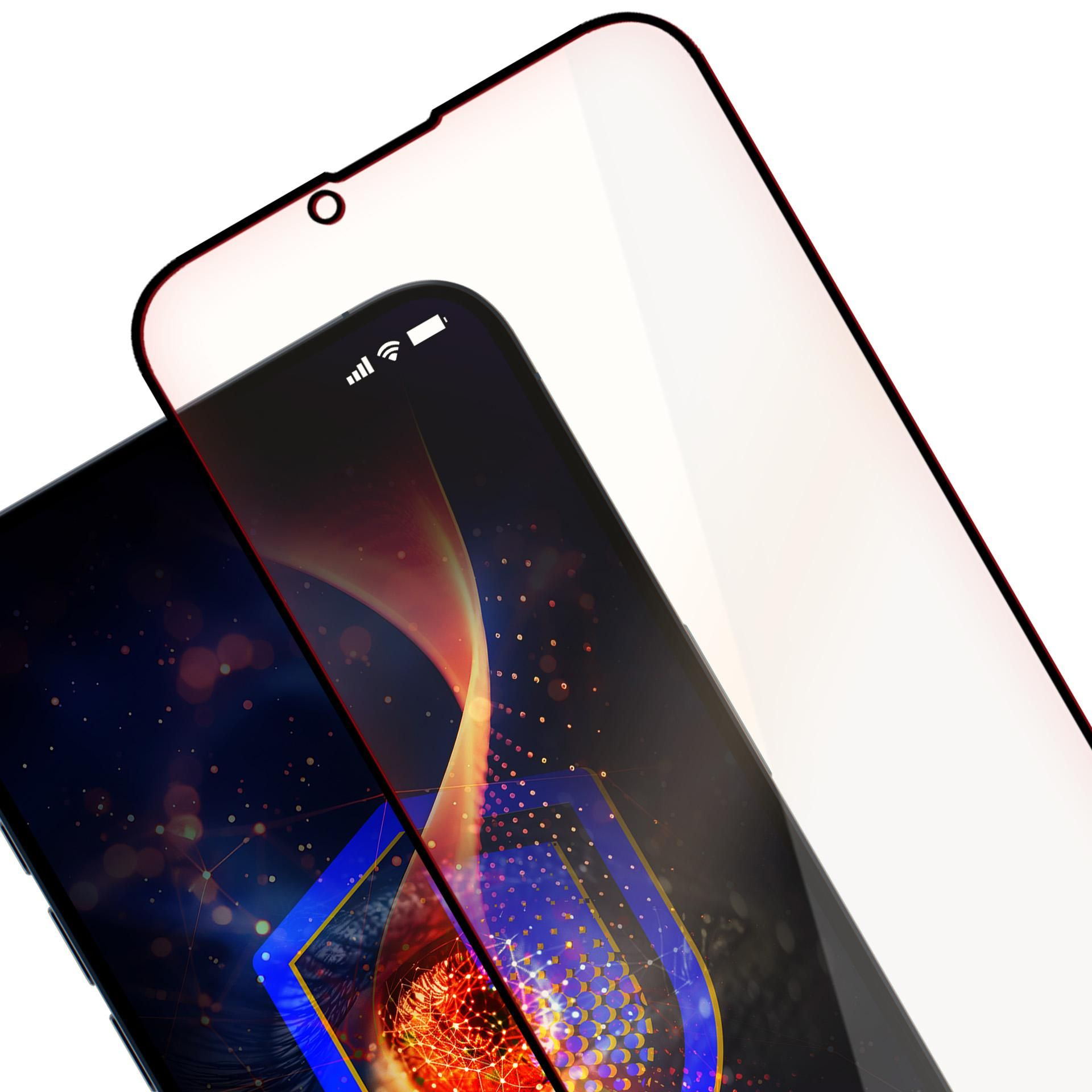 Angolo del telefono con una protezione per lo schermo. Lo schermo mostra un design infuocato con uno scudo.