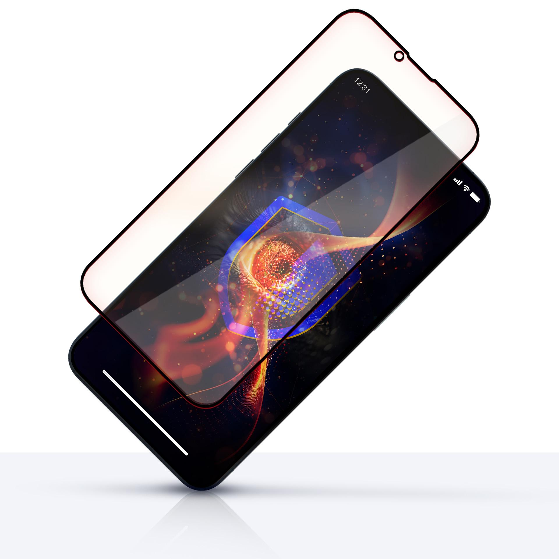 Telefono con una protezione per lo schermo sopra un design infuocato. Mostra i dettagli dello schermo.
