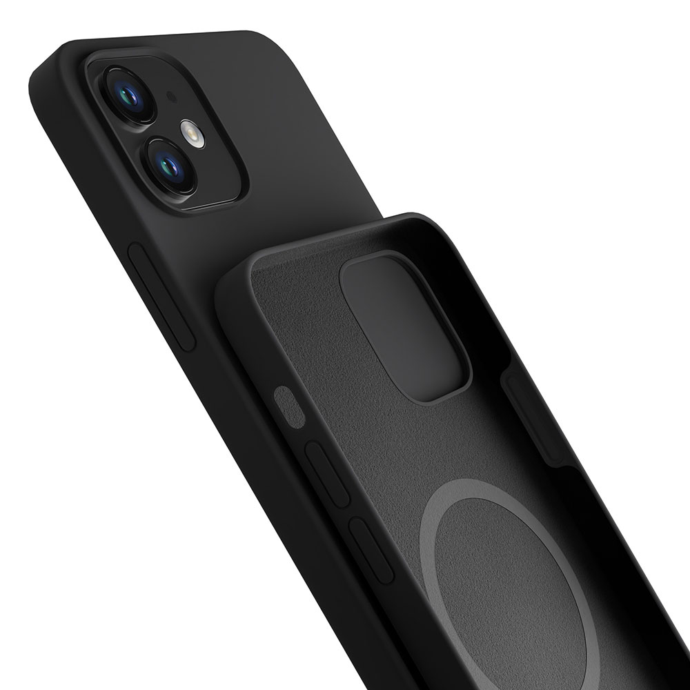 Czarny telefon z odłączonym czarnym etui pokazuje aparat i przyciski telefonu.