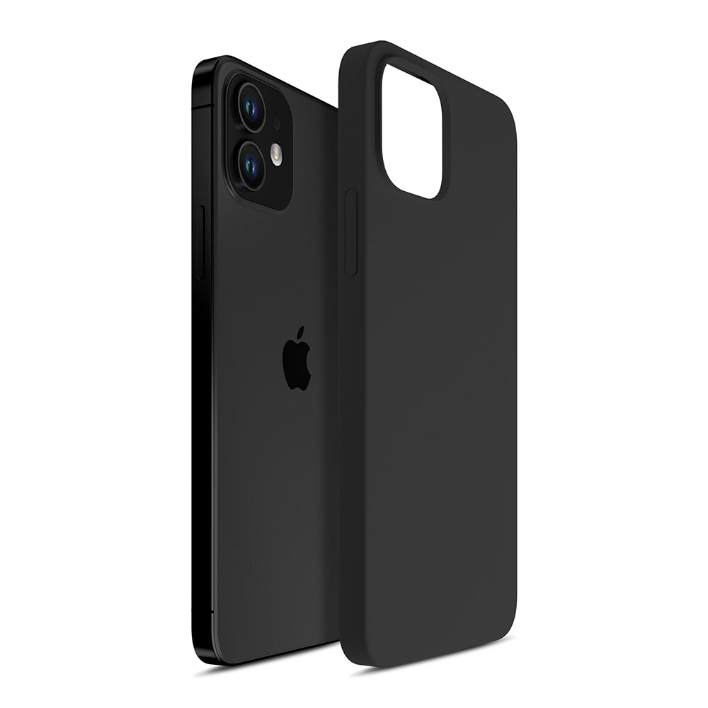 Czarny telefon obok odłączonego czarnego etui pokazuje logo Apple.