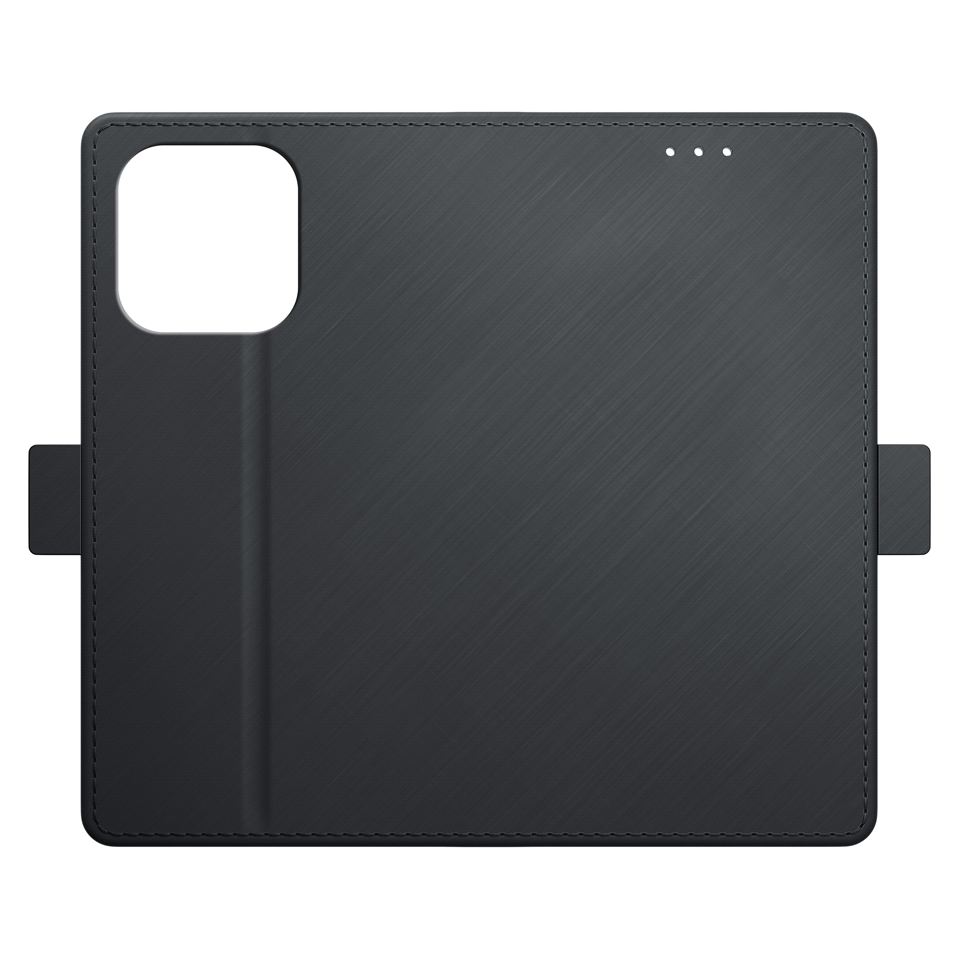 Obraz przedstawia zamknięte czarne etui typu portfel z magnetycznym zapięciem na telefon, odizolowane na białym tle.