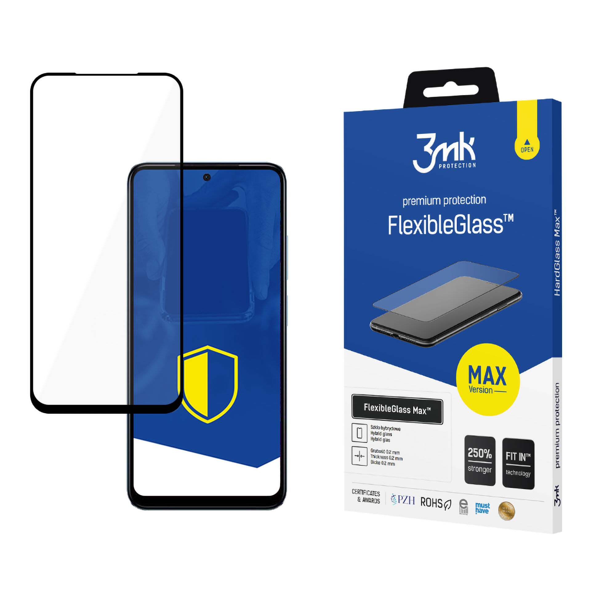 Una protezione per lo schermo dello smartphone e una scatola di protezioni per lo schermo sono su uno sfondo bianco.