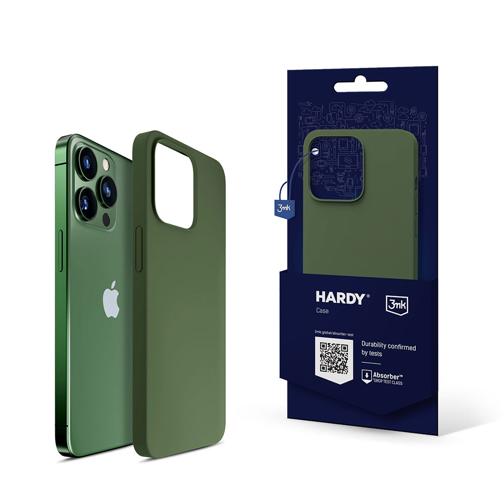 Telefon w zielonym etui jest pokazany obok opakowania produktu.