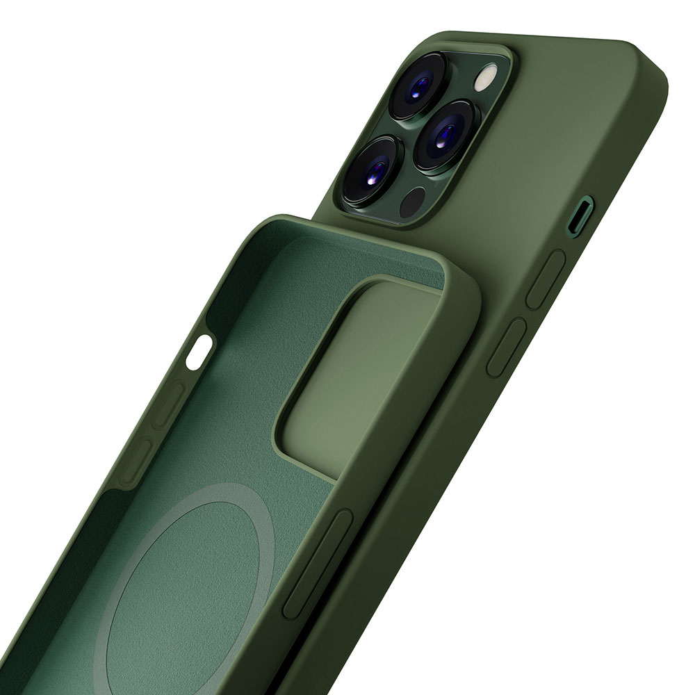 Oliwkowozielone etui na telefon z funkcją MagSafe jest wyświetlane pod kątem, ukazując jego wygląd.