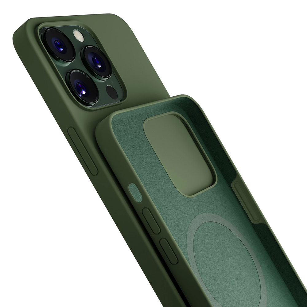 Oliwkowozielone etui na telefon z funkcją MagSafe, ustawione pod kątem, aby pokazać wygląd i funkcjonalność.