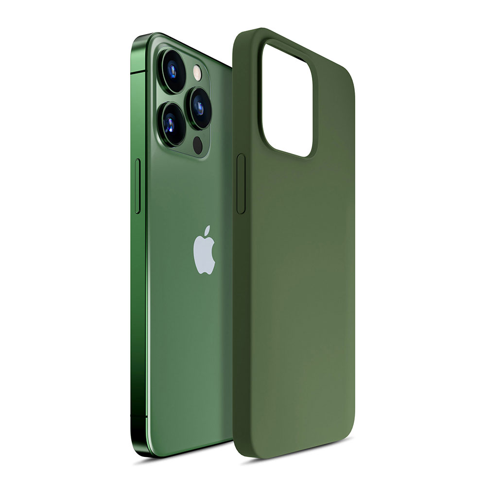 Oliwkowozielony iPhone z pasującym etui, podkreślający bezproblemową konstrukcję i ochronę.