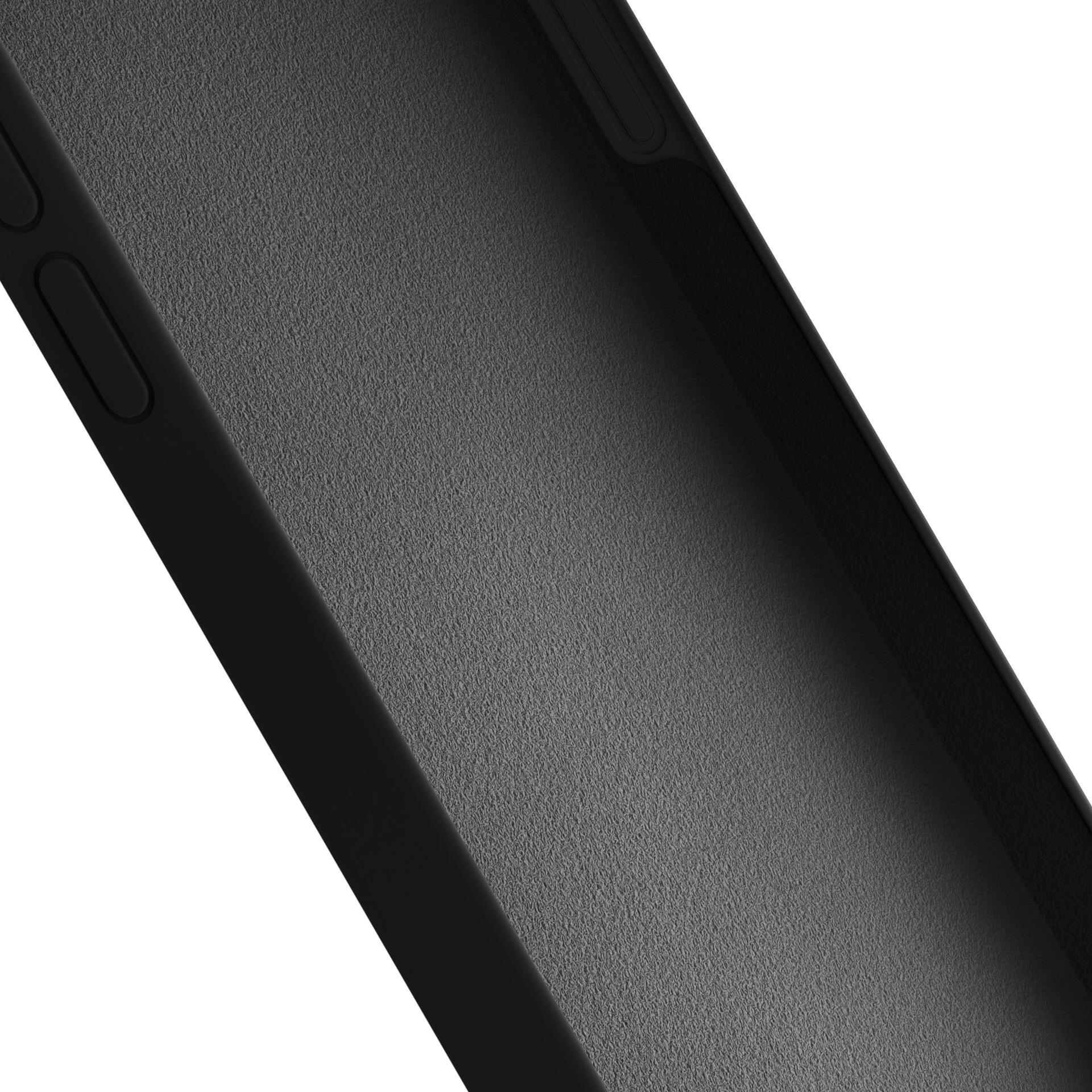 Zbliżenie na wnętrze czarnego etui na telefon, prezentujące teksturowaną powierzchnię.