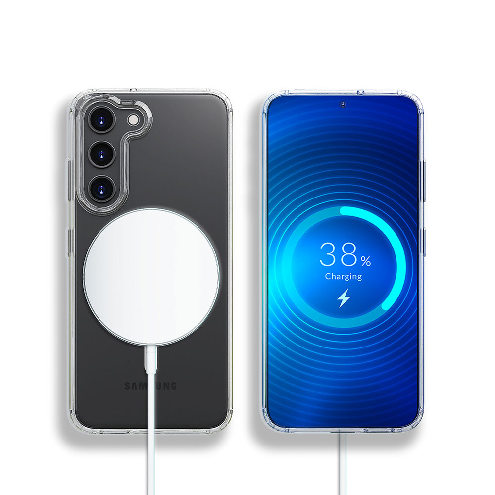 Dwa telefony, jeden ładujący się na 38% z białym kółkiem z tyłu, są wyświetlane na białym tle.