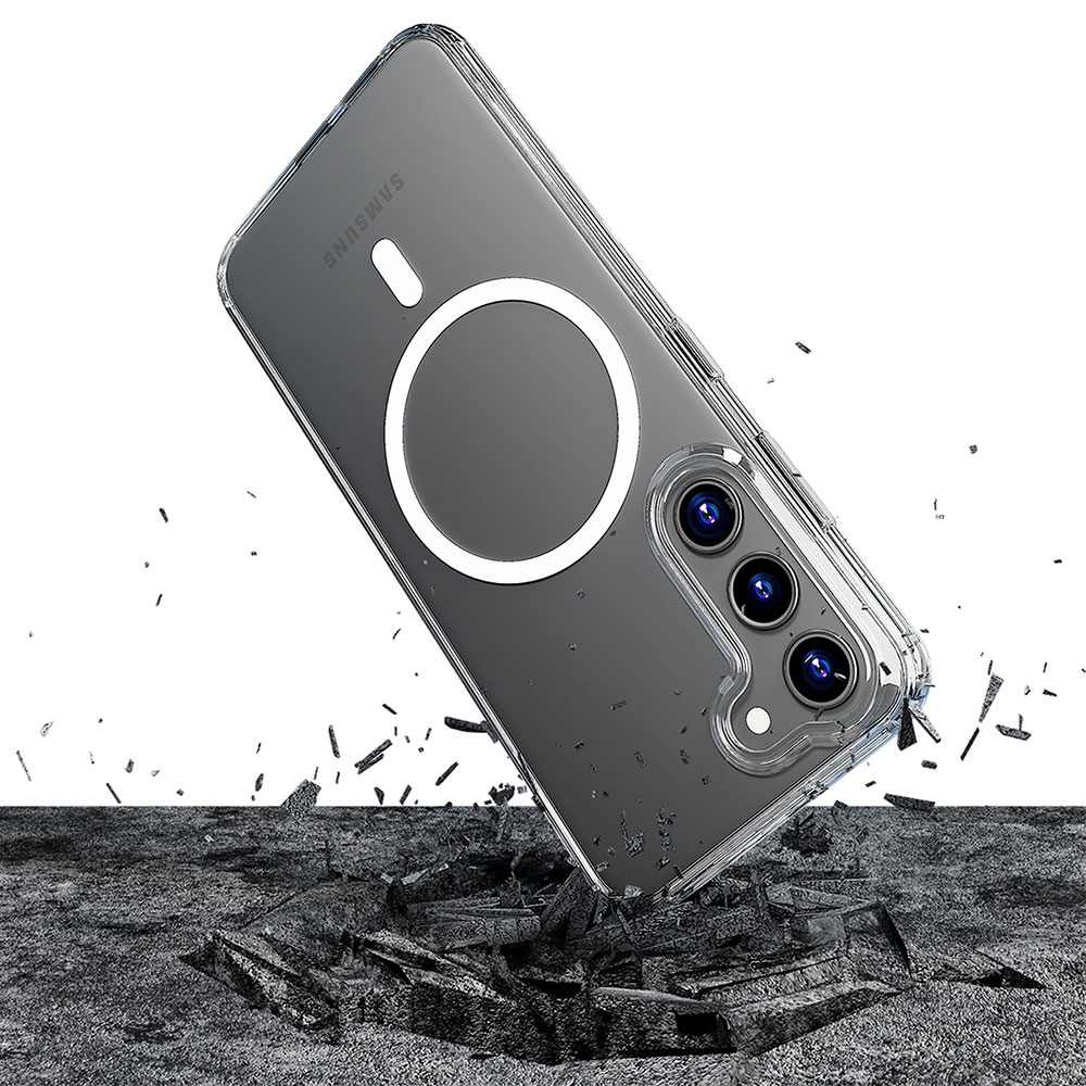 Telefon Samsung w przezroczystym etui z białym kółkiem z tyłu upadający na zniszczoną powierzchnię.