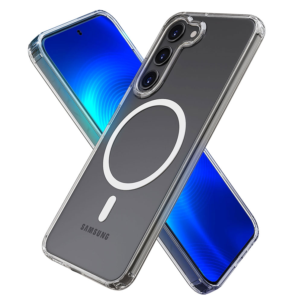 Dwa telefony Samsung, jeden z przezroczystym etui z kółkiem do ładowania, skrzyżowane na białym tle.