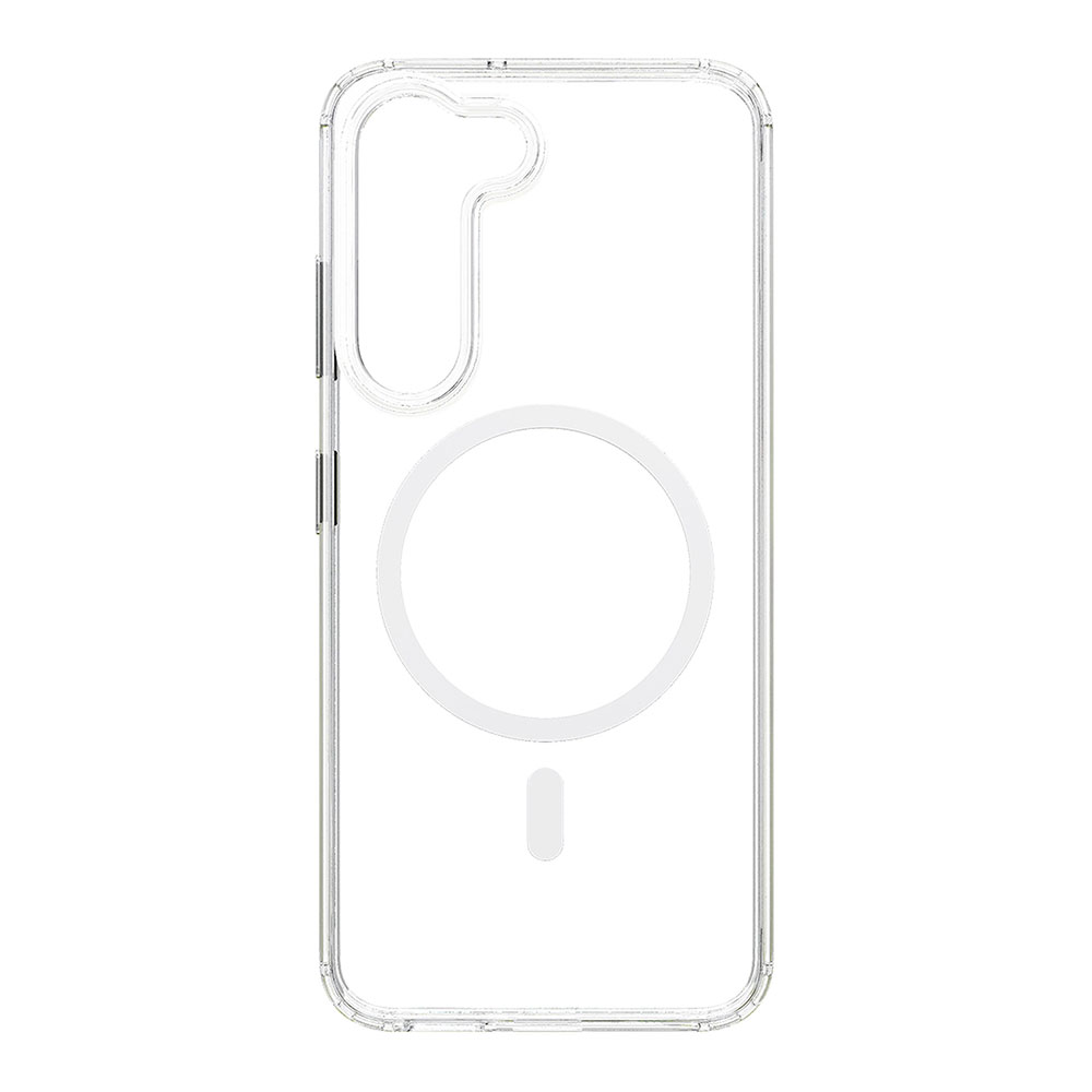 Przezroczyste etui na telefon z kółkiem do ładowania na białym tle, prezentujące jego przezroczystą konstrukcję.