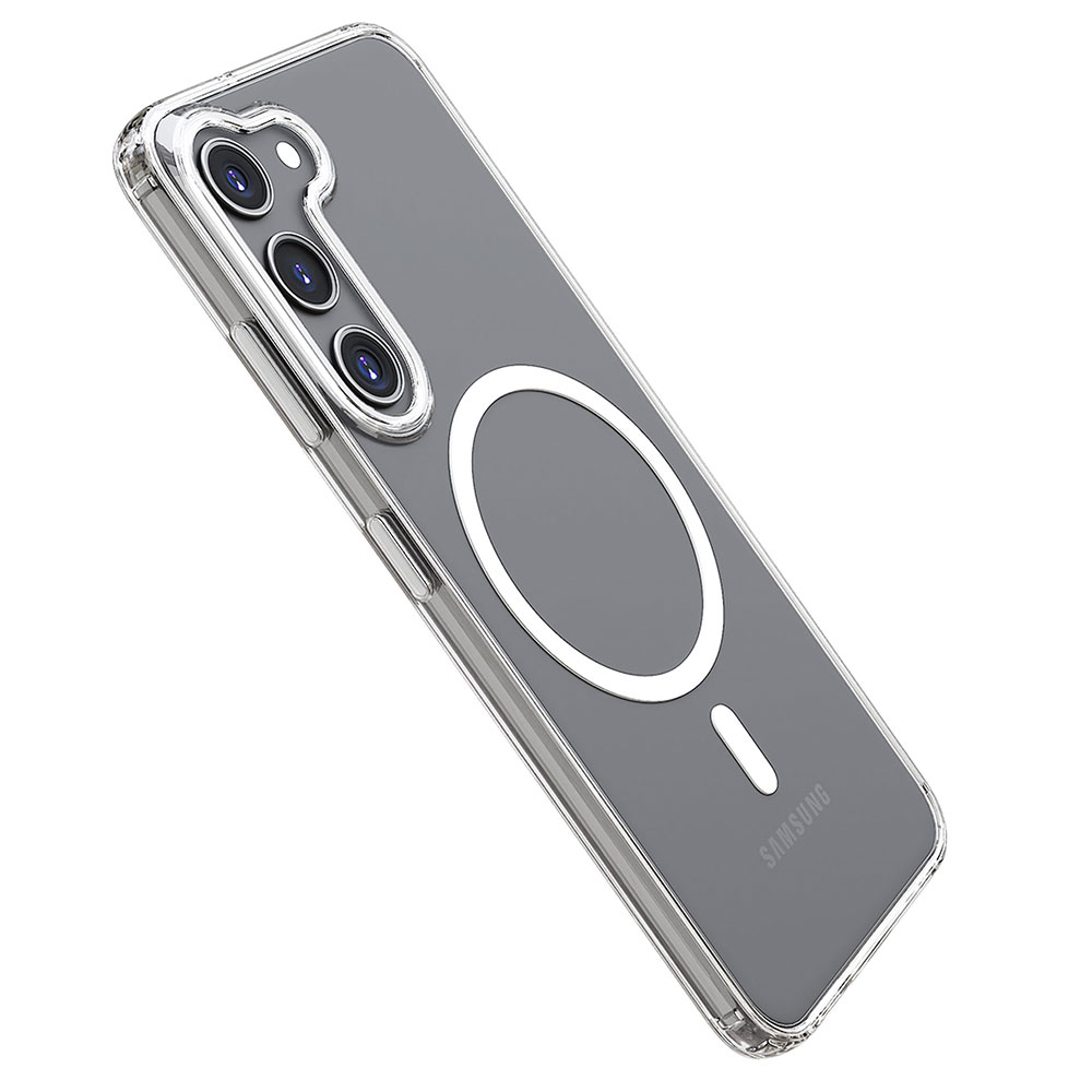 Telefon Samsung w przezroczystym etui z kółkiem do ładowania, ustawiony pod kątem, aby pokazać aparat i design.