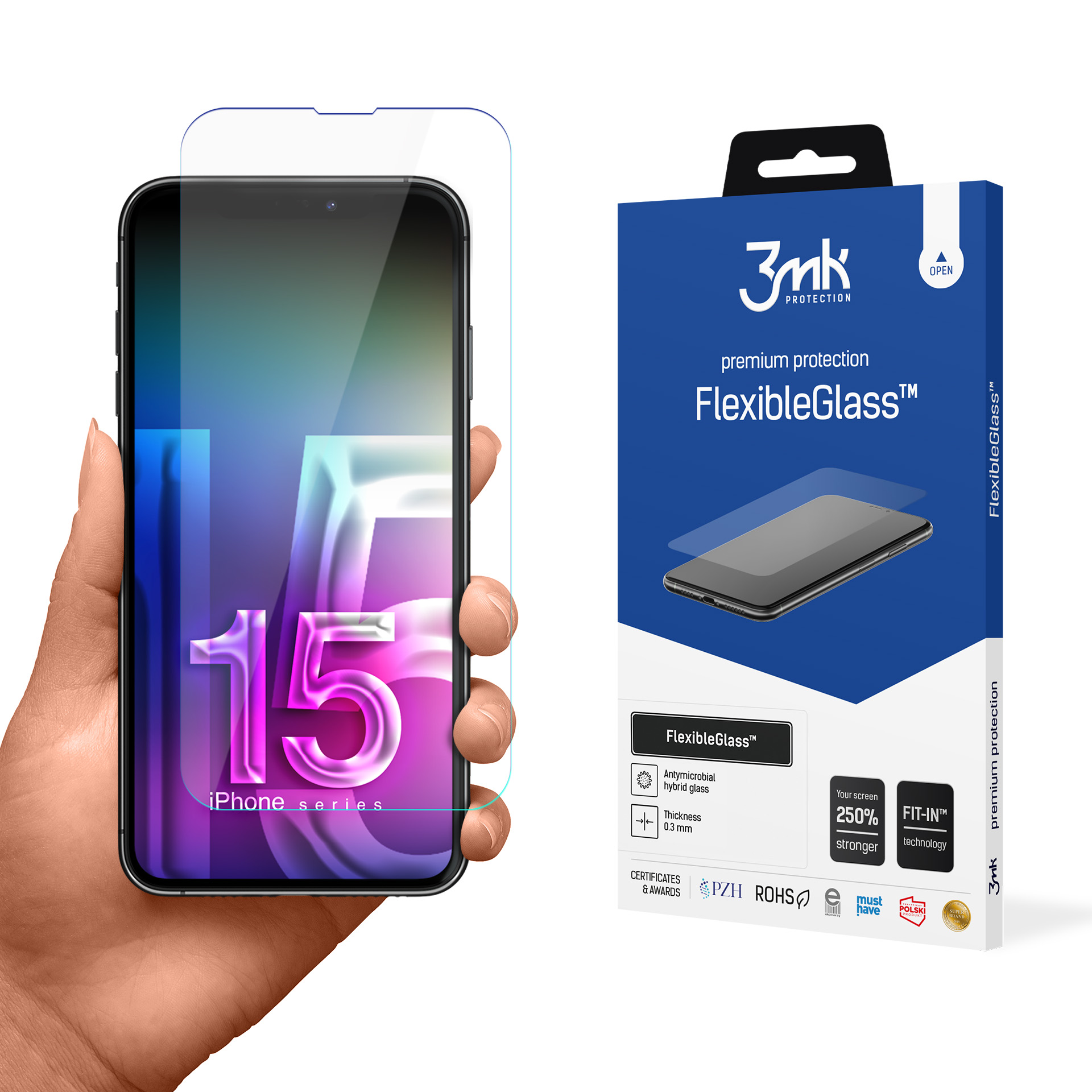 Mano che tiene il telefono con protezione schermo, accanto alla scatola 3mk FlexibleGlass.