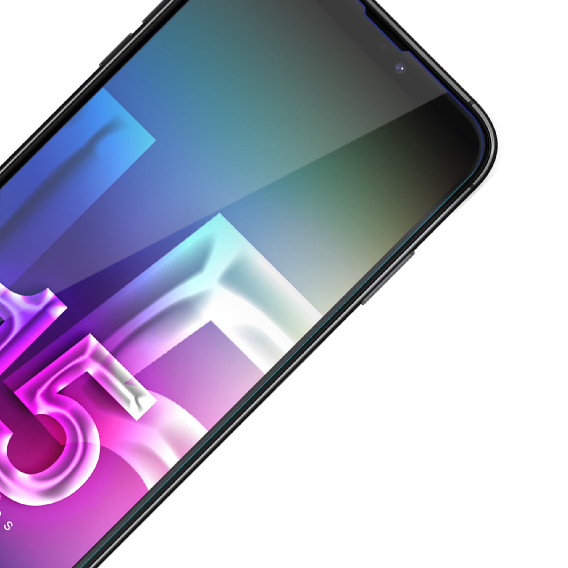 Primo piano di una protezione per lo schermo del telefono su un telefono nero con schermo colorato.