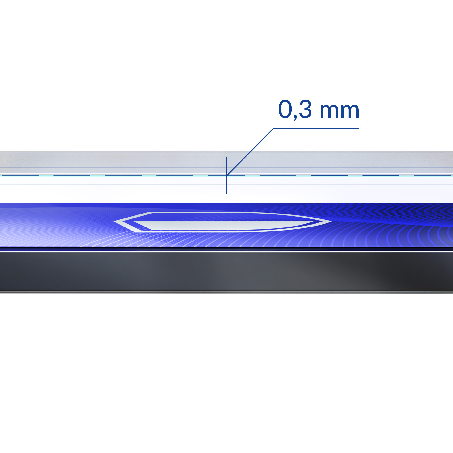 Un primo piano del bordo di una protezione per lo schermo, che mostra il suo sottile spessore di 0,3 mm, su sfondo bianco.
