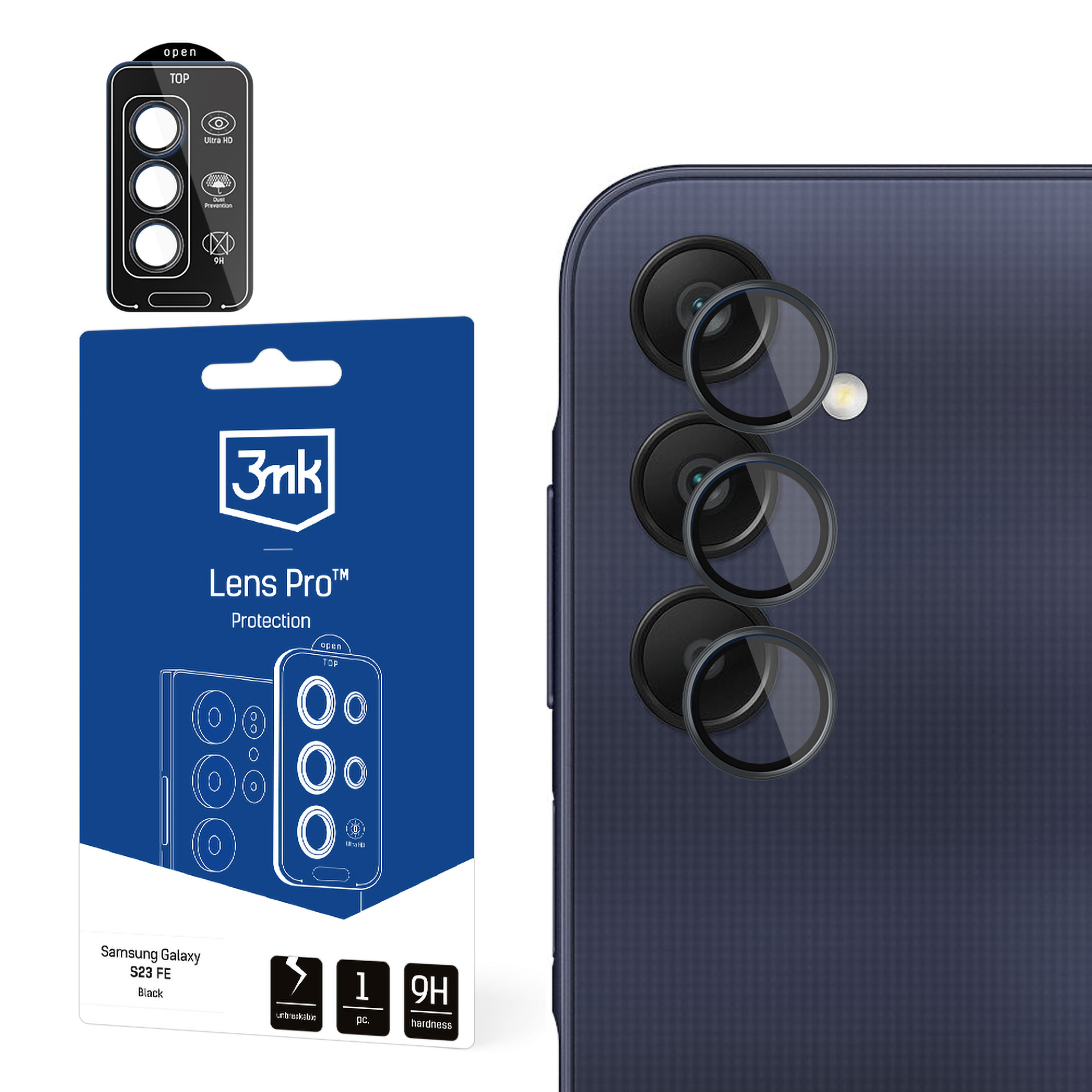 Protezioni per lenti e confezione per un Samsung Galaxy S23 FE, che mostra la protezione della fotocamera.