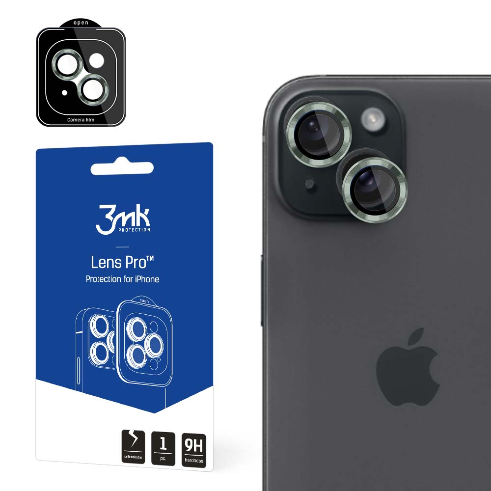 L'immagine mostra protezioni per lenti iPhone con confezione, accanto a un telefono con le protezioni applicate.