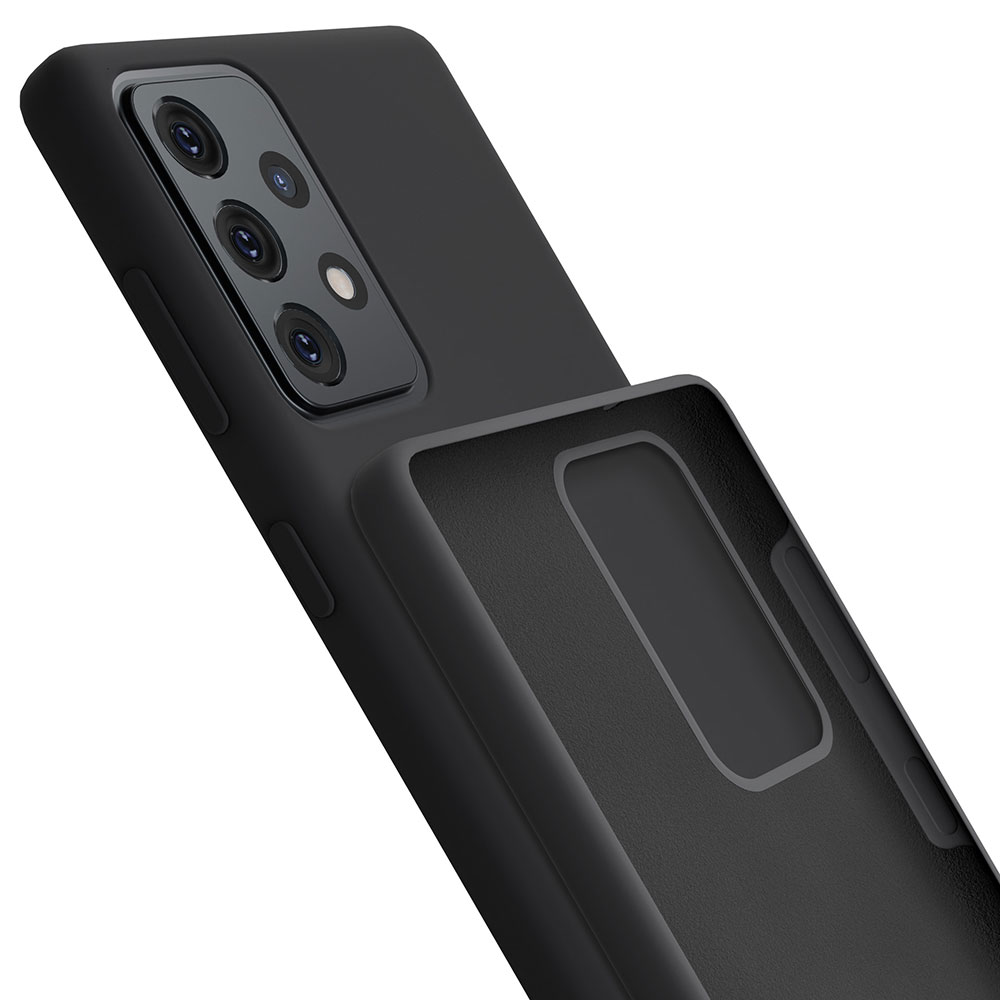 Zdjęcie przedstawia zbliżenie czarnego etui na telefon, podkreślające jego wewnętrzną wyściółkę i wycięcia na aparat.