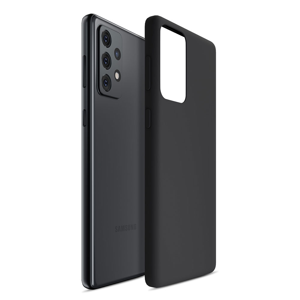 Zdjęcie przedstawia czarny telefon obok czarnego etui na telefon z wycięciem na aparat i inne funkcje.