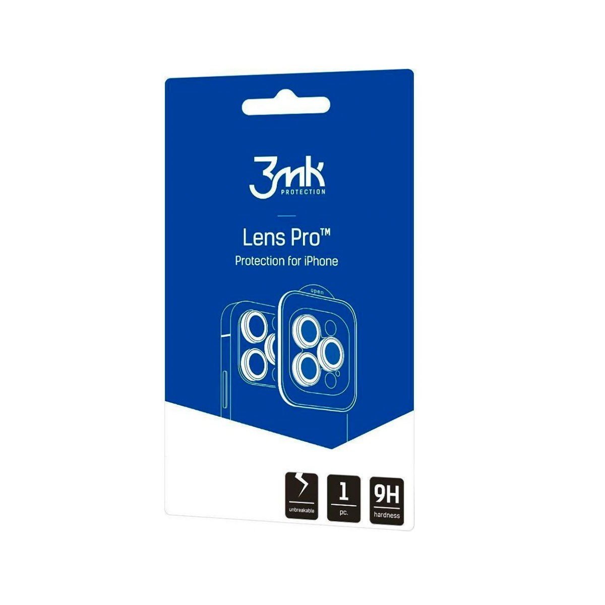 Niebieskie pudełko na osłonę obiektywu iPhone'a, prezentujące markę i funkcje produktu.