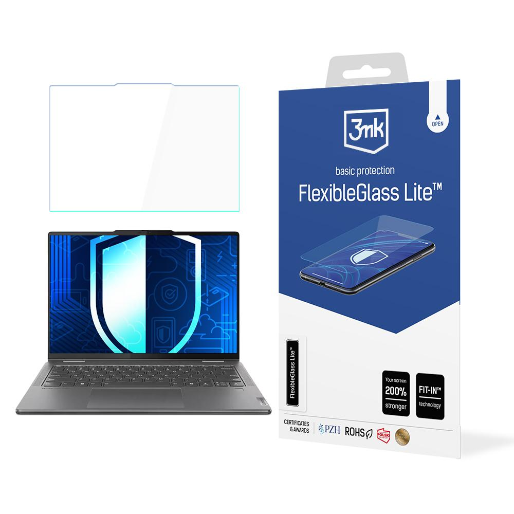 Laptop, ochrona ekranu i opakowanie. Laptop jest otwarty. Ochrona ekranu jest przezroczysta. Opakowanie jest niebiesko-białe.