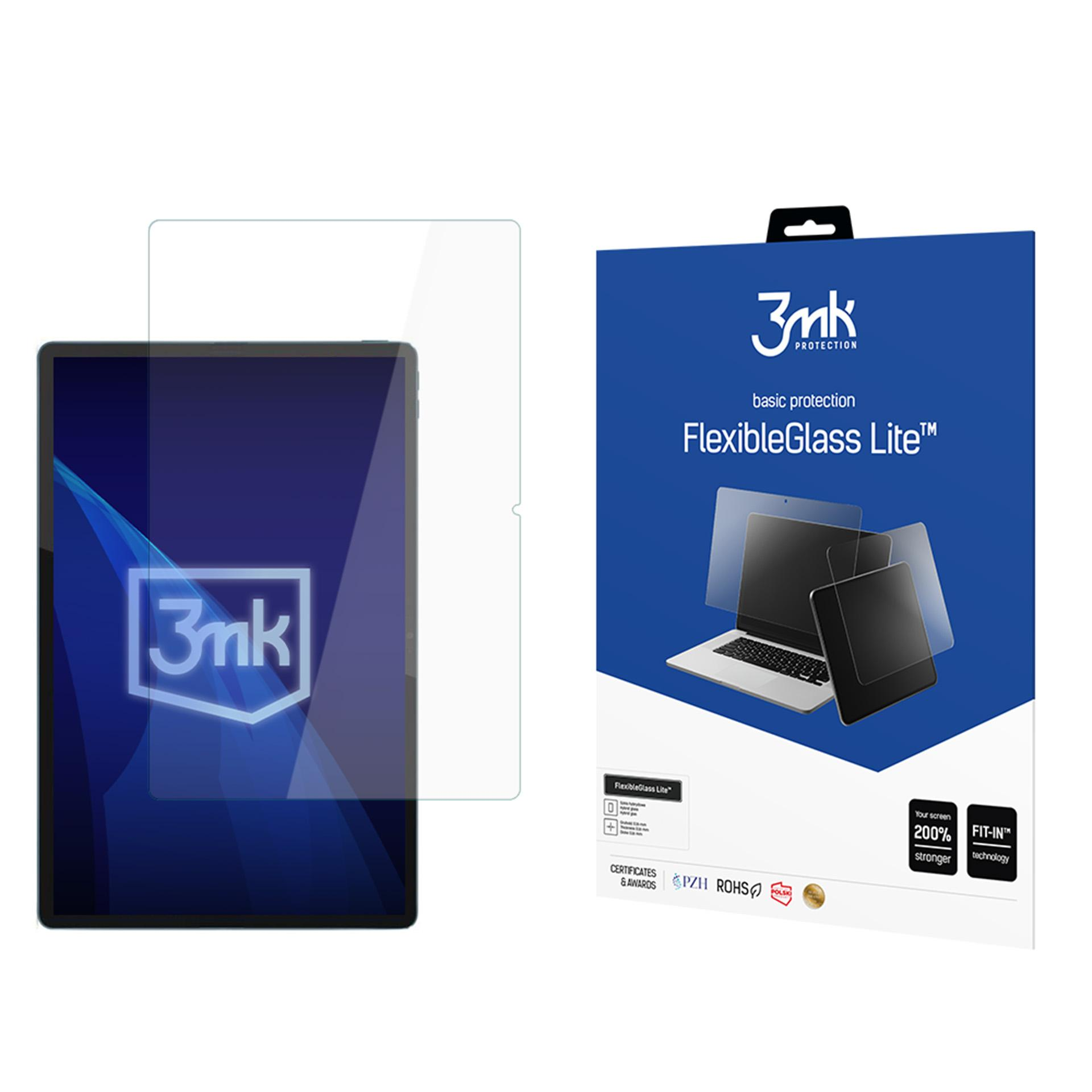 Obraz przedstawia tablet z folią ochronną na ekran obok pudełka folii ochronnej na ekran 3mk FlexibleGlass Lite.