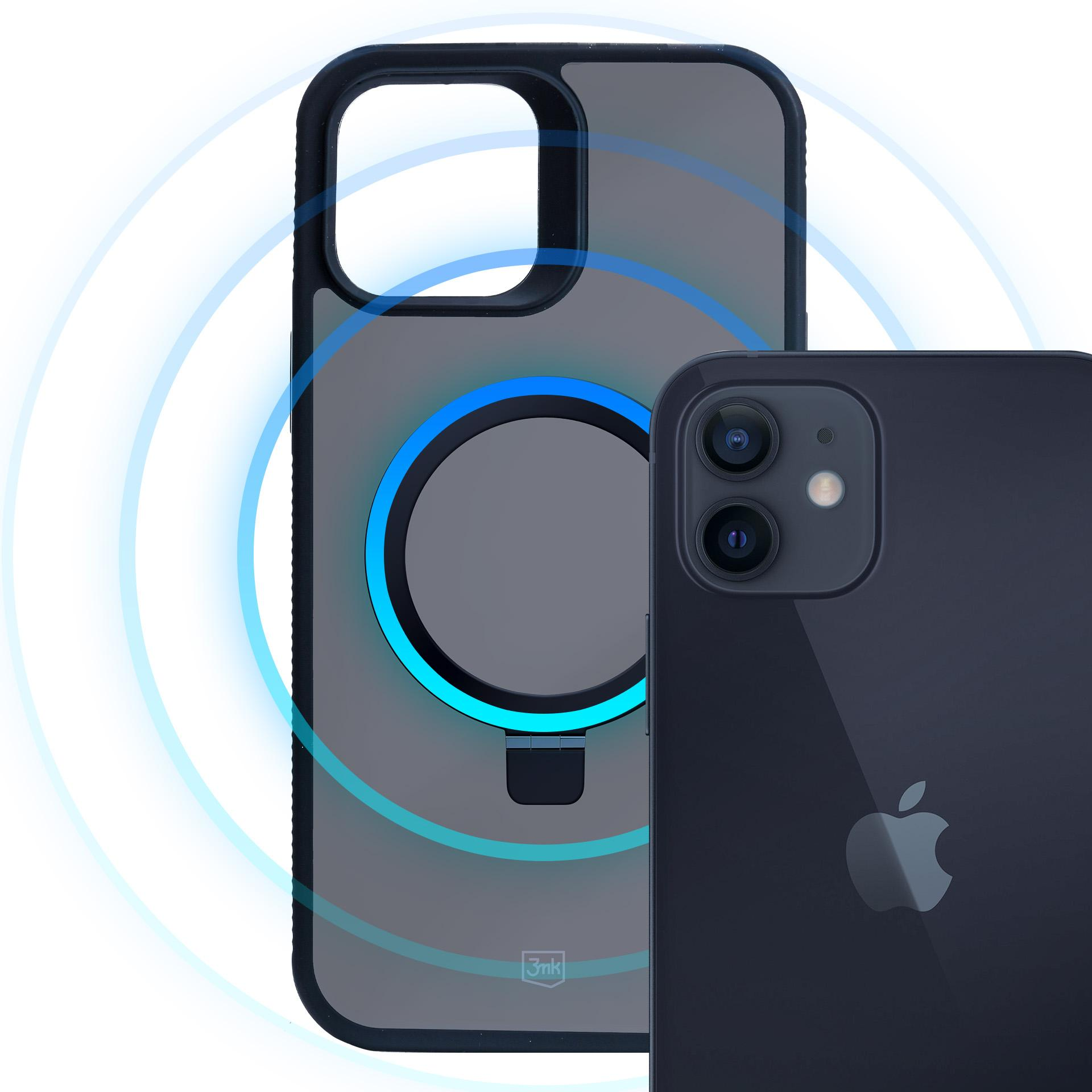 iPhone, szare etui i niebieskie pierścienie na białym tle.