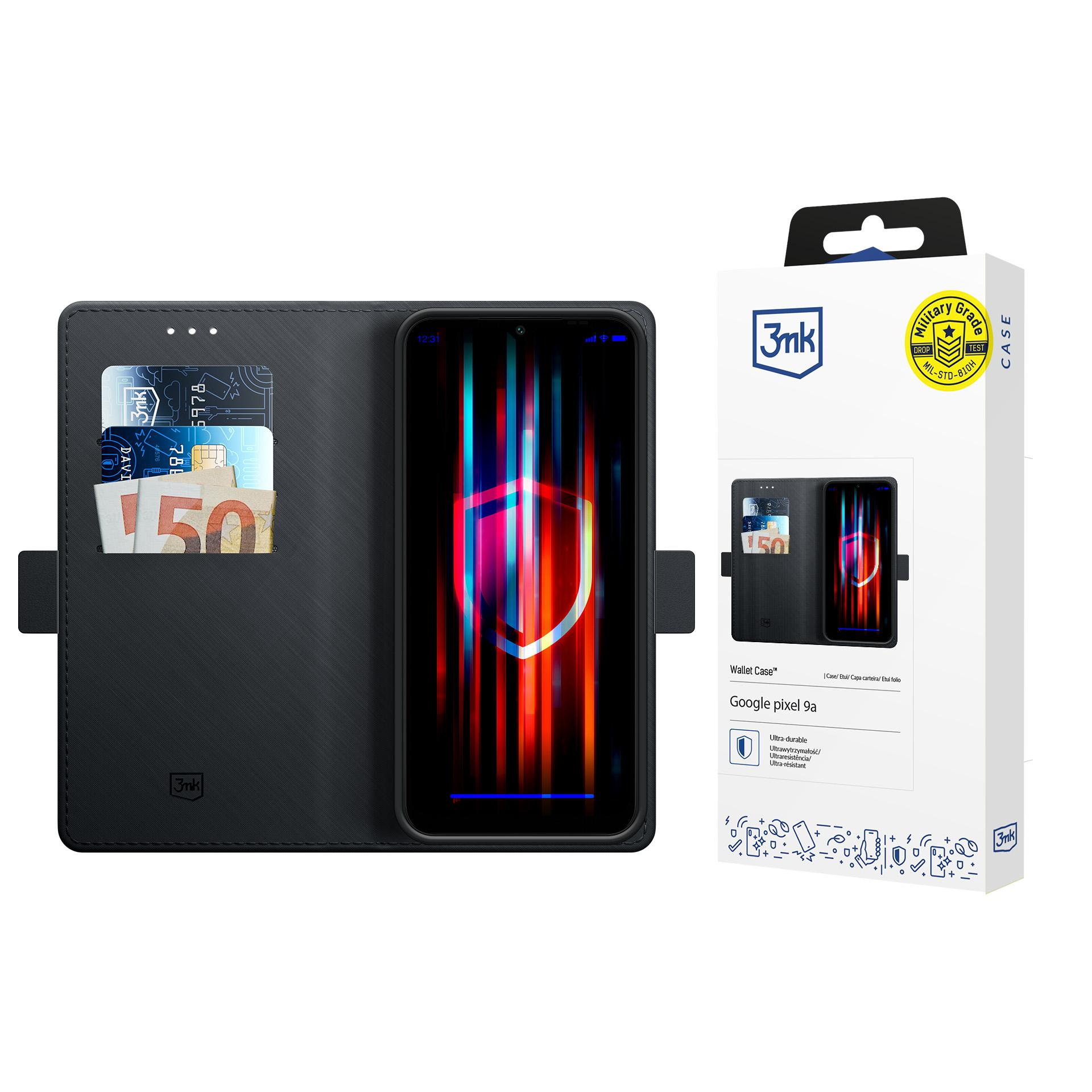 Czarne etui portfelowe do Google Pixel 9a z przegródkami na karty i pudełkiem, prezentujące jego wojskową ochronę.