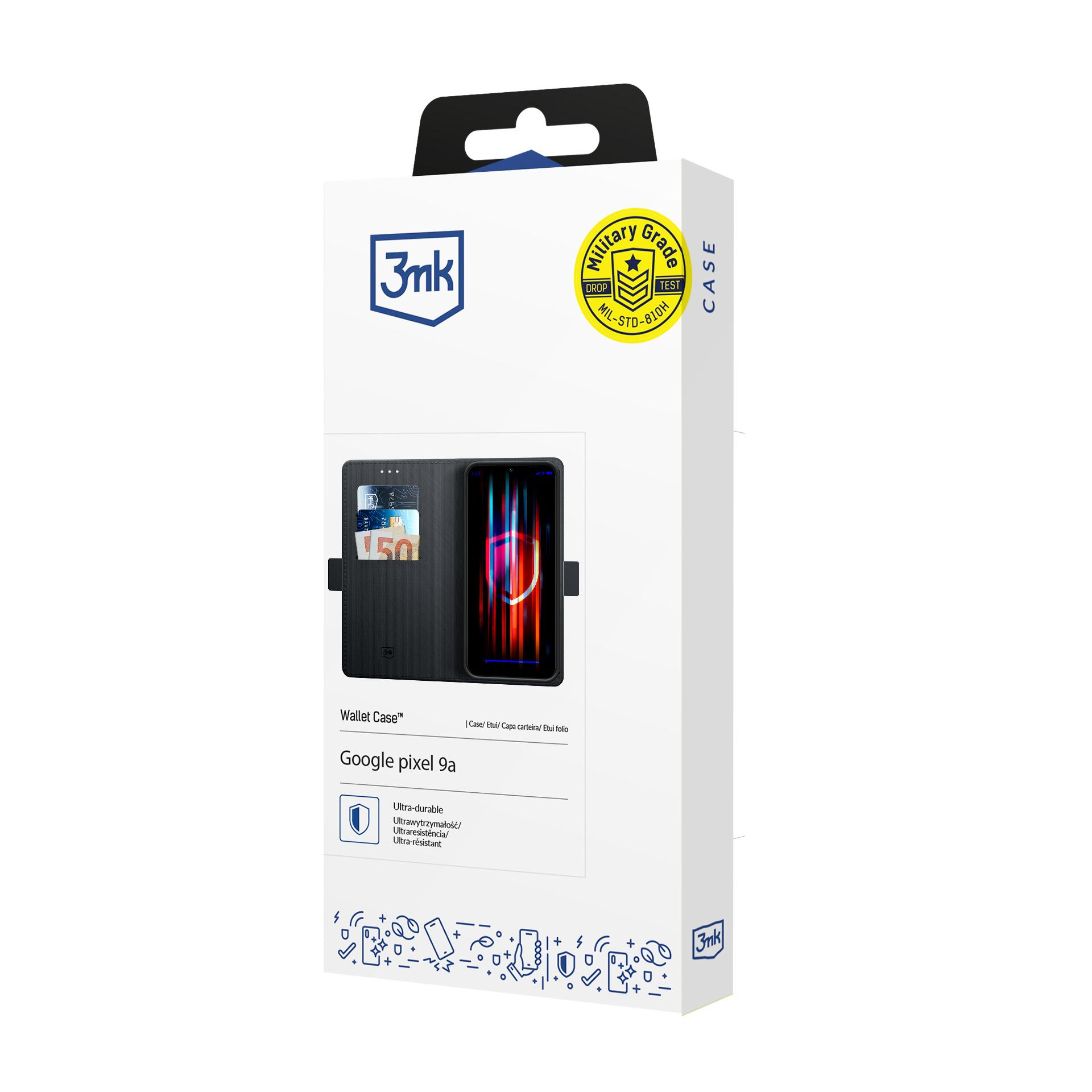 Białe pudełko prezentuje czarne etui portfelowe do Google Pixel 9a, podkreślając jego cechy i markę.