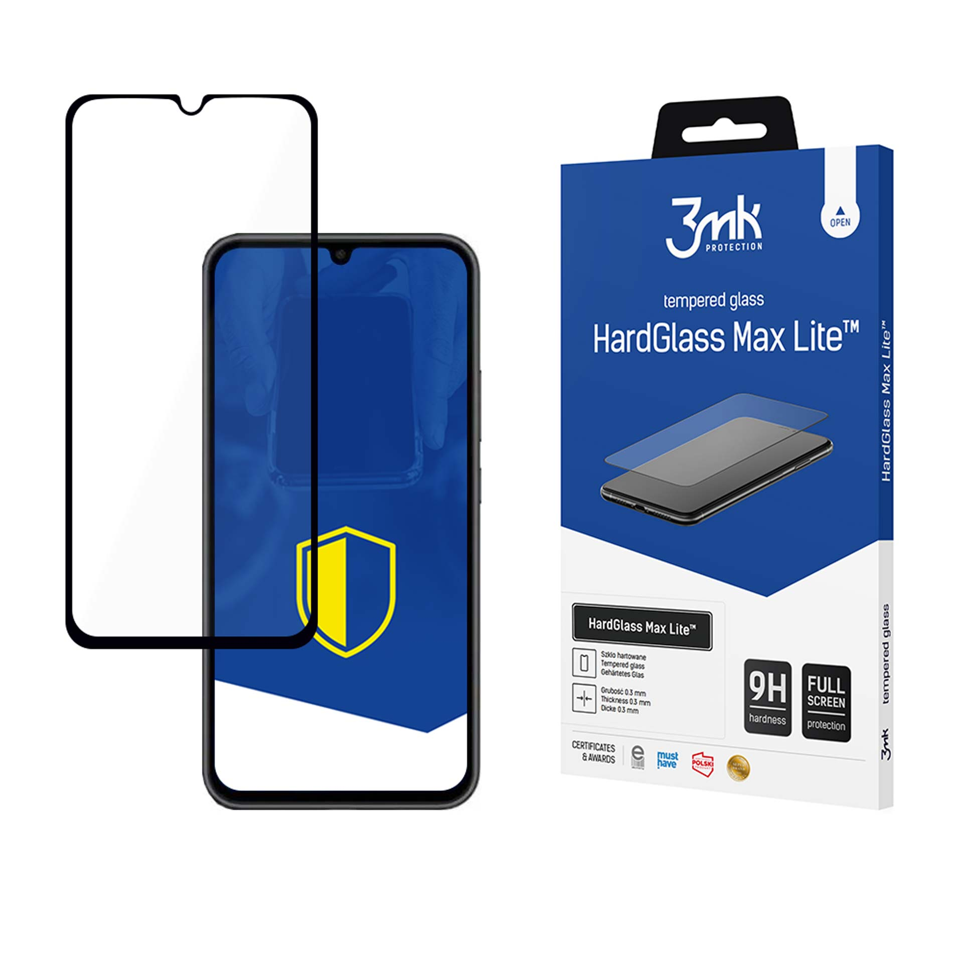 L'immagine mostra una protezione per lo schermo del telefono accanto a una scatola di 3mk HardGlass Max Lite.