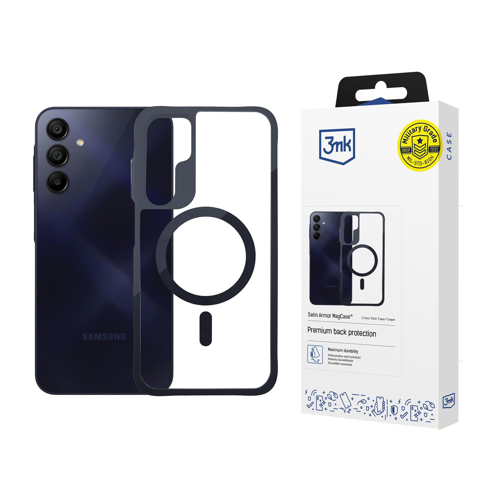 Telefon Samsung i etui obok pudełka na białym tle.