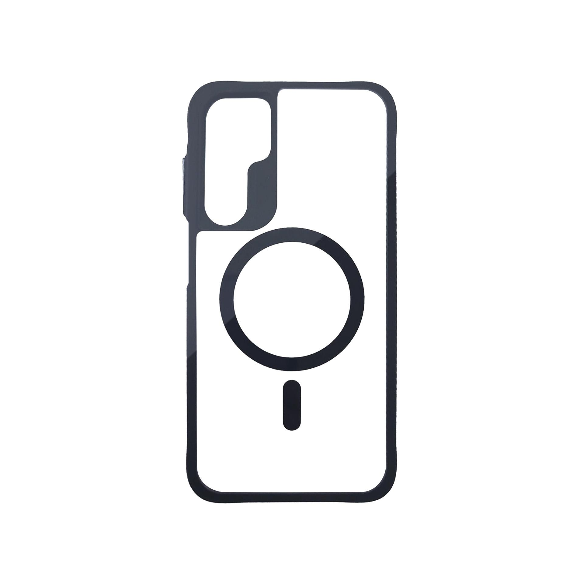 Czarne etui na telefon z wycięciem do ładowania bezprzewodowego.