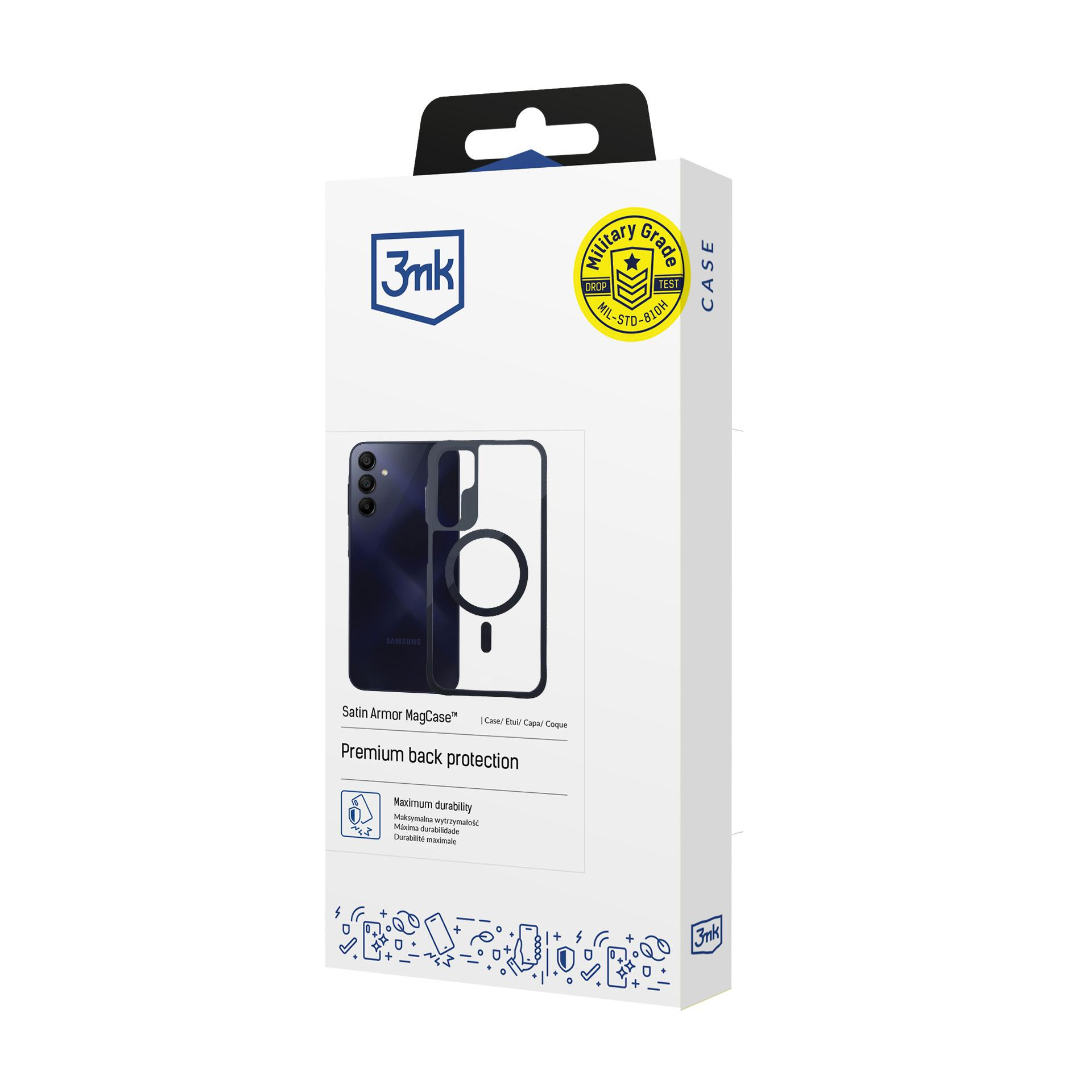 Telefon Samsung i etui obok pudełka na białym tle.