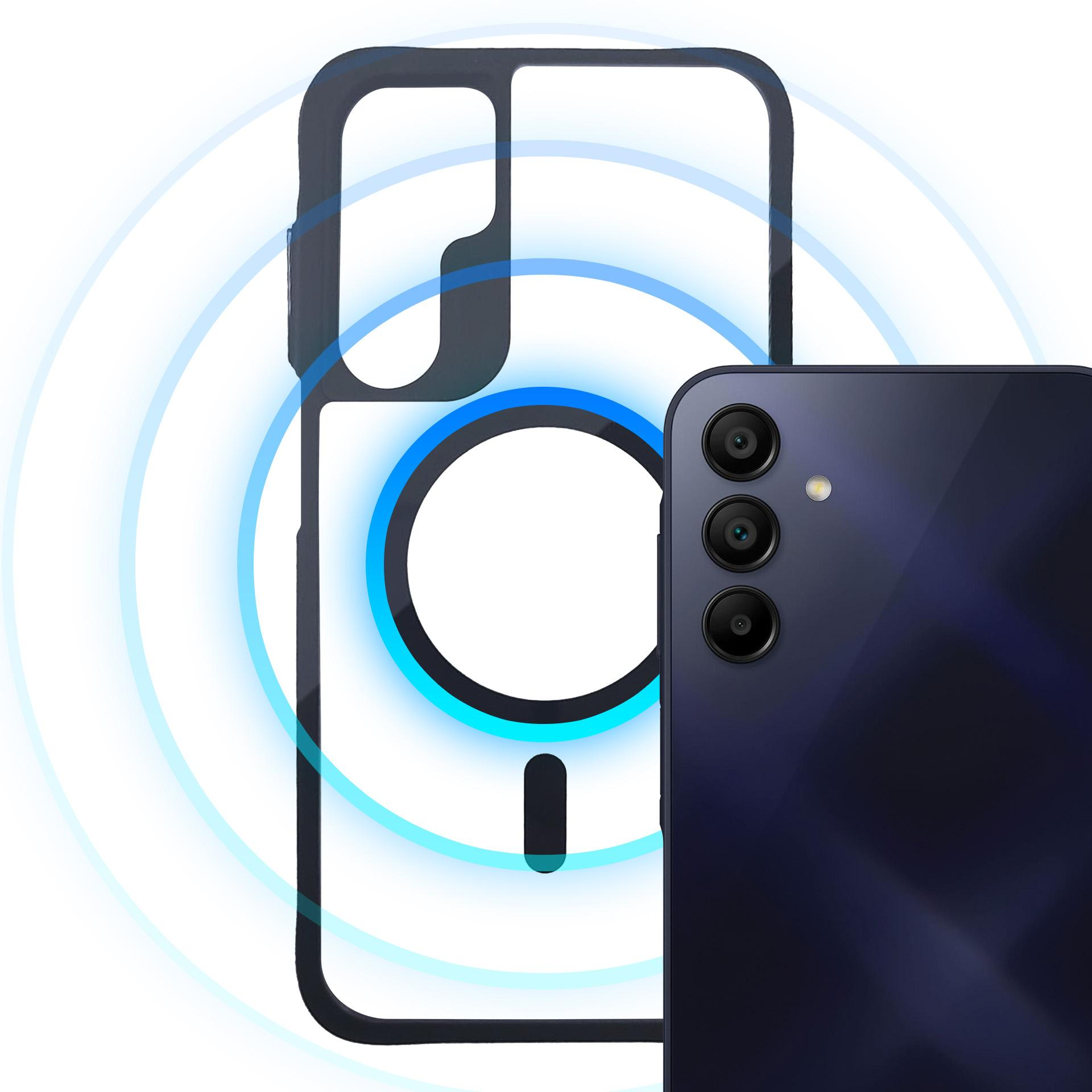 Smartfon z trzema aparatami stoi obok przezroczystego etui na telefon z pierścieniem magnetycznym.