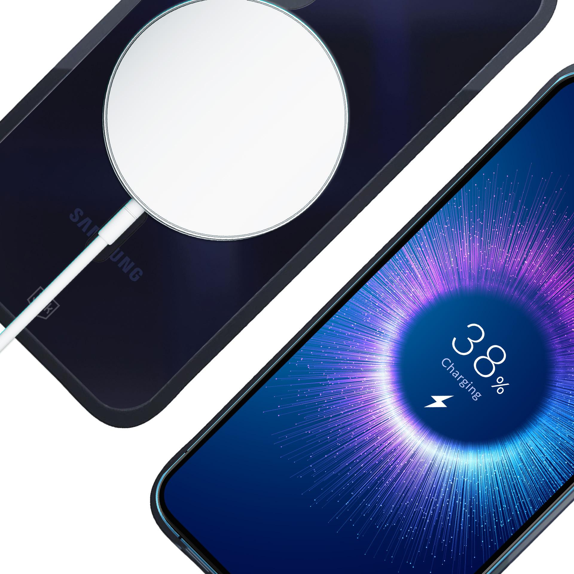 Telefon ładuje się bezprzewodowo, wyświetlając animację ładowania na ekranie.