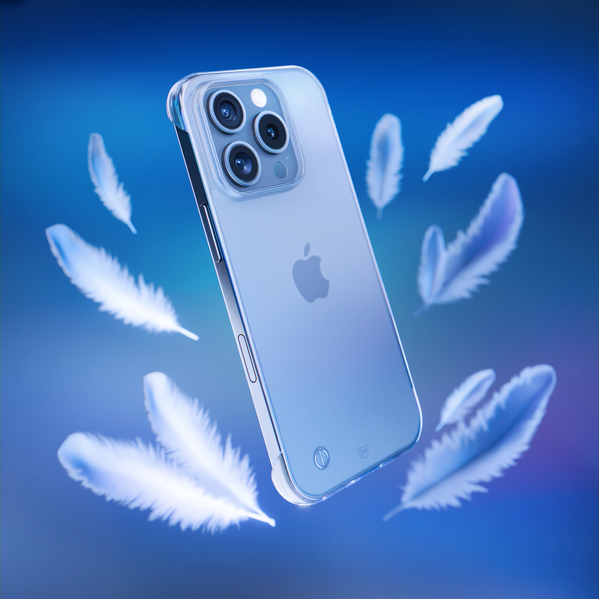 iPhone z przezroczystym etui otoczony białymi piórami na niebieskim tle gradientowym.