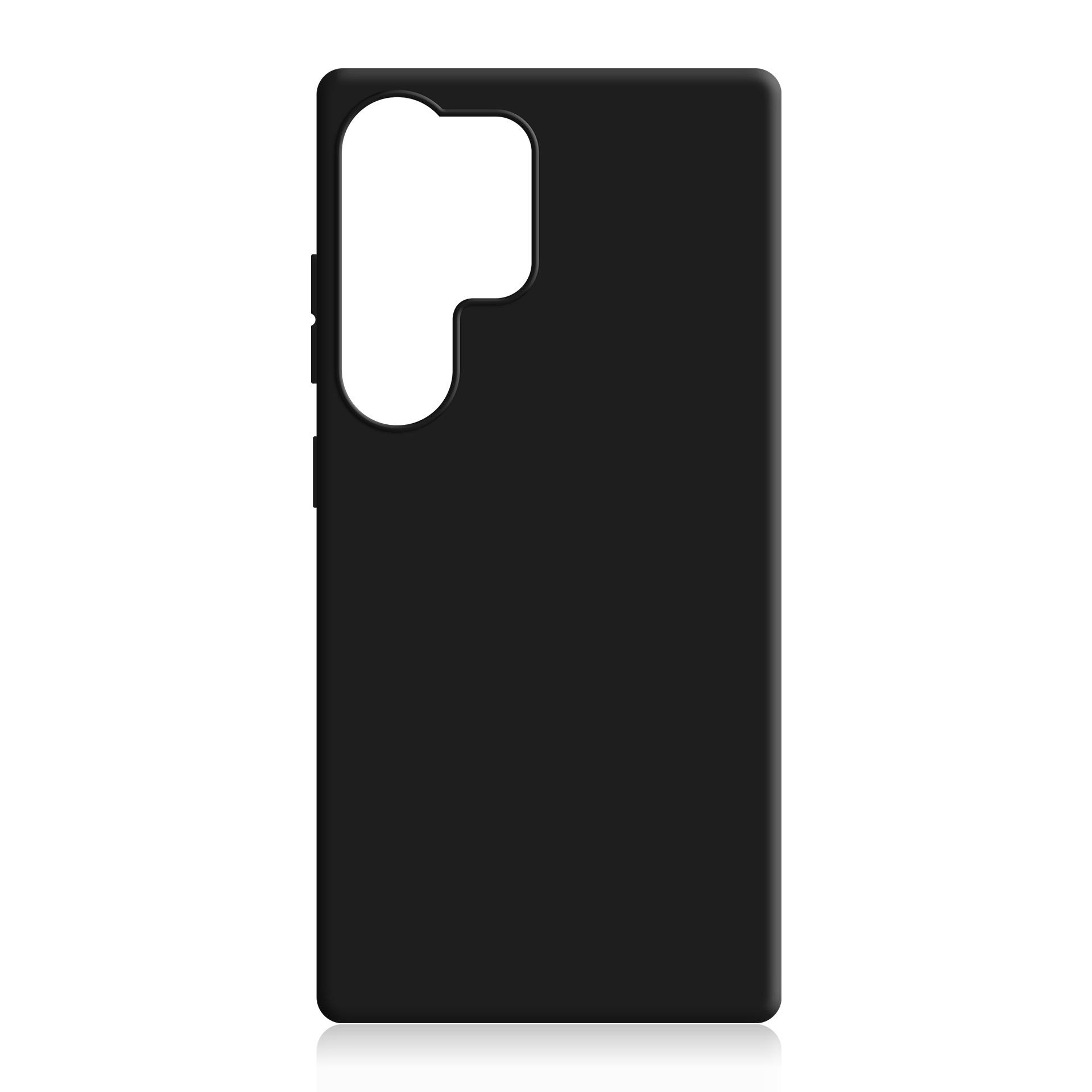 Una custodia nera per telefono con ritagli per la fotocamera viene visualizzata su uno sfondo bianco.