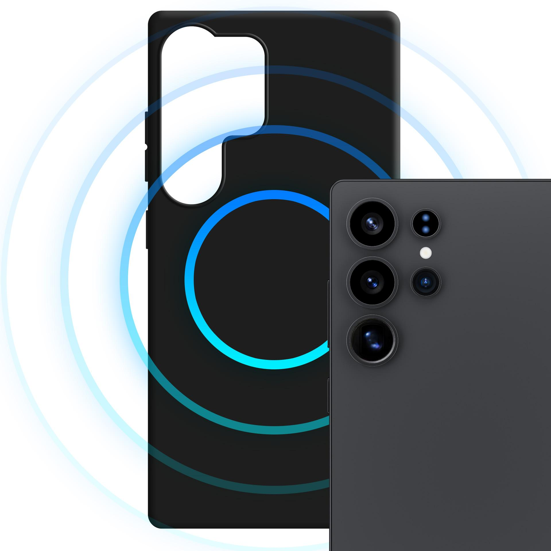 Una custodia nera per telefono e un telefono con un motivo a cerchio blu sullo sfondo.