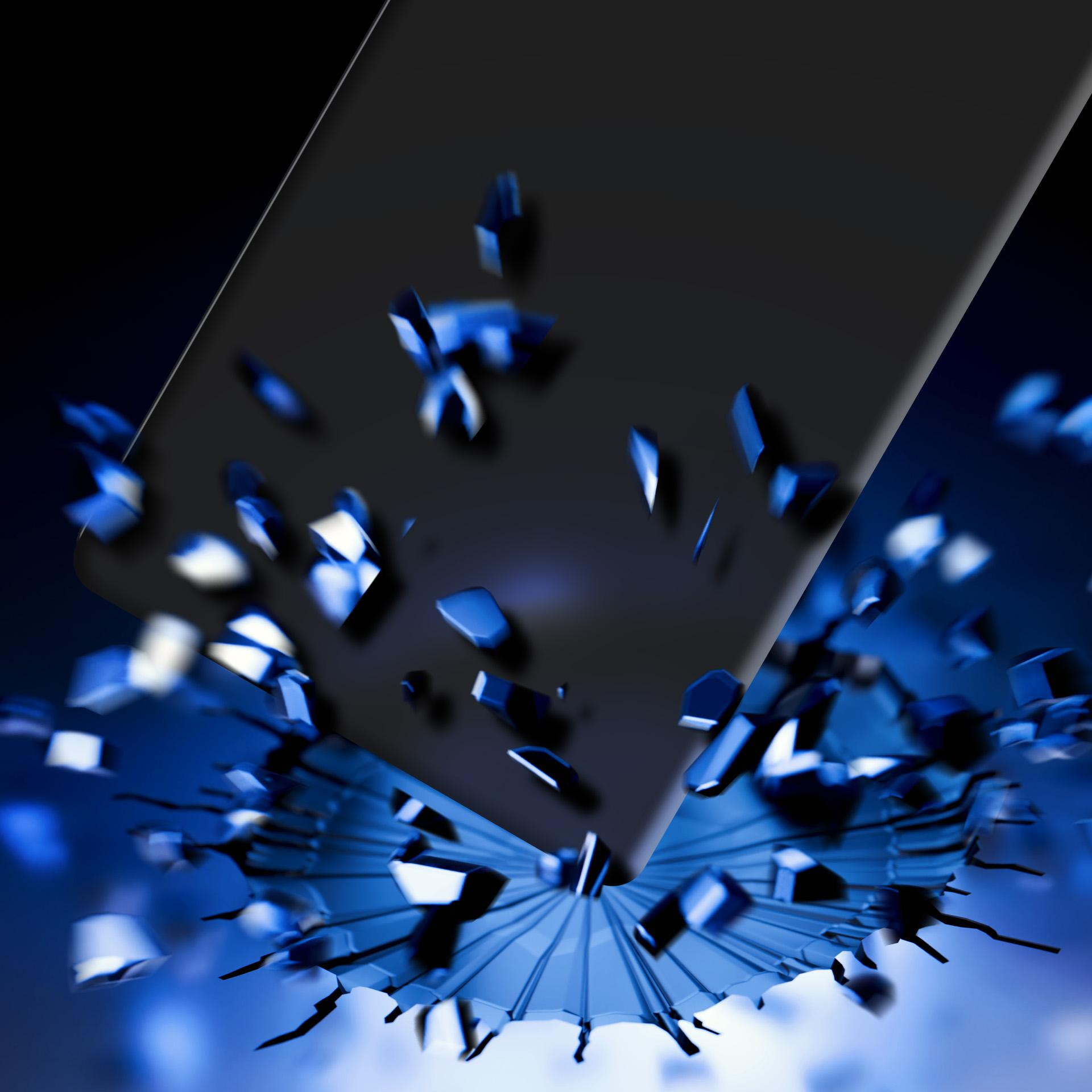 Una custodia nera per telefono viene mostrata in caduta, con schegge blu intorno.
