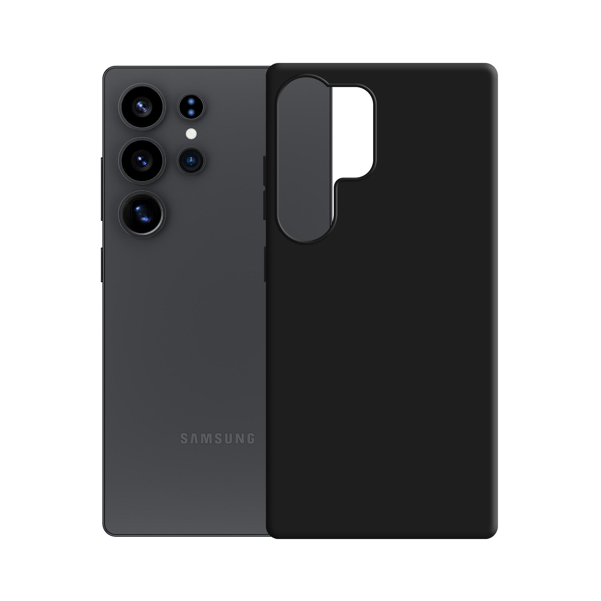 Un telefono nero e una custodia nera per telefono vengono visualizzati uno accanto all'altro su uno sfondo bianco.