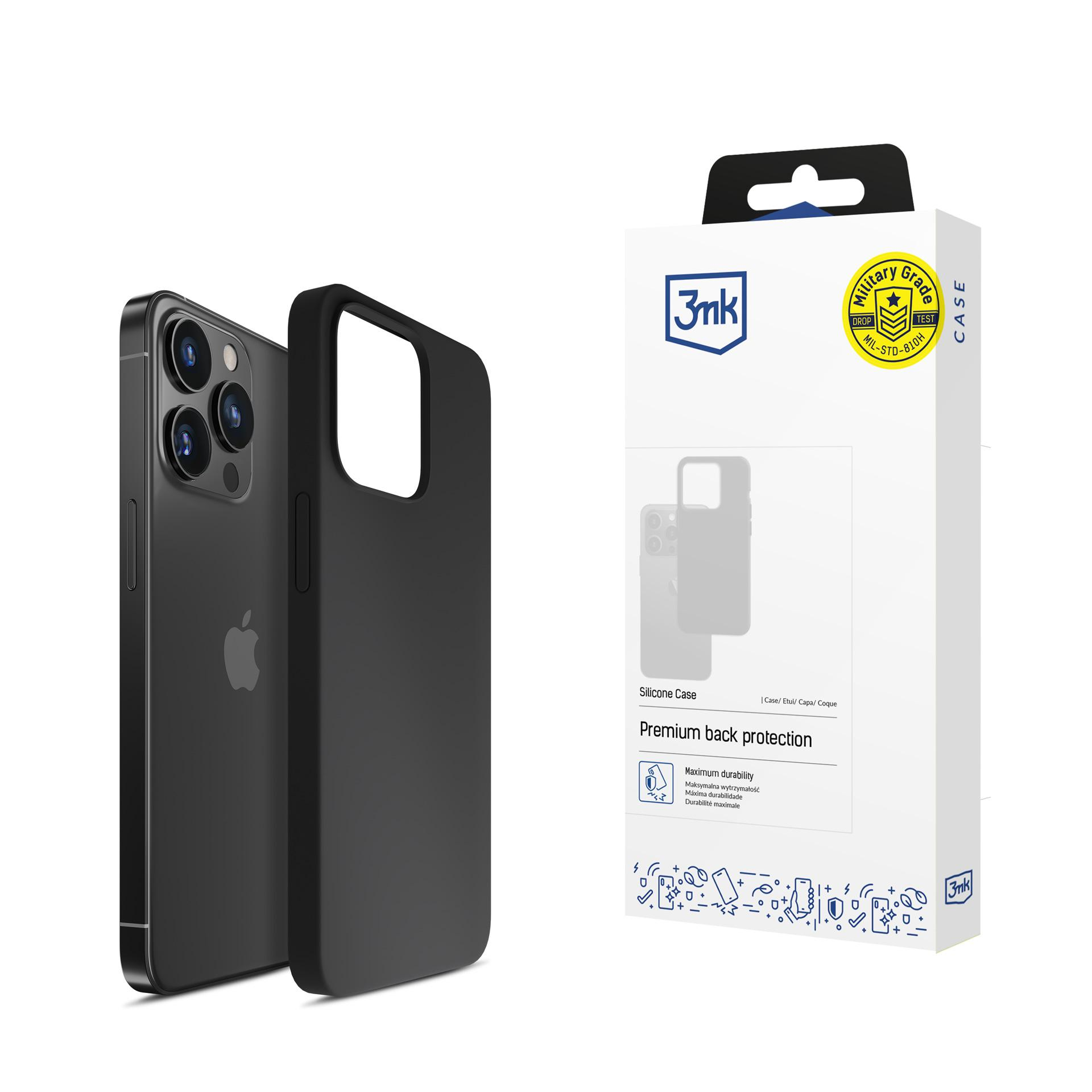 Czarny telefon i etui są wyświetlane obok białego pudełka z logo 3mk.
