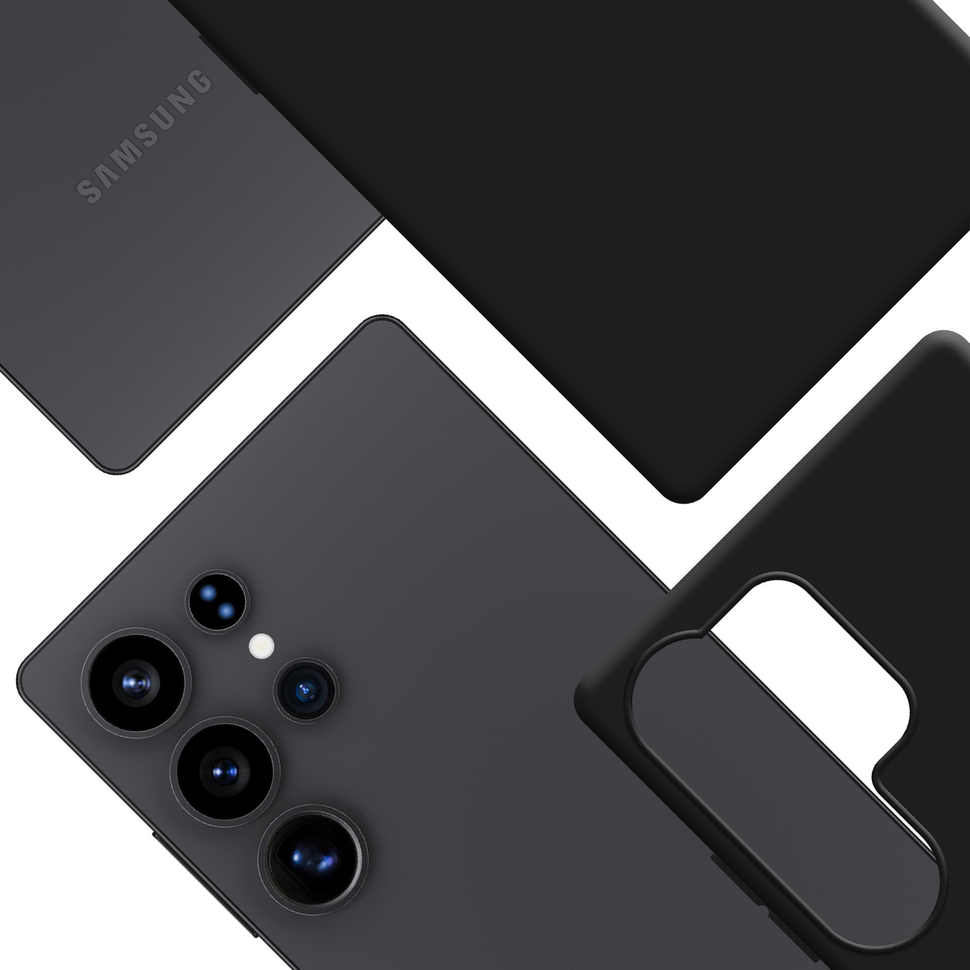 Un telefono nero, una custodia per telefono e il logo Samsung vengono visualizzati su uno sfondo bianco.