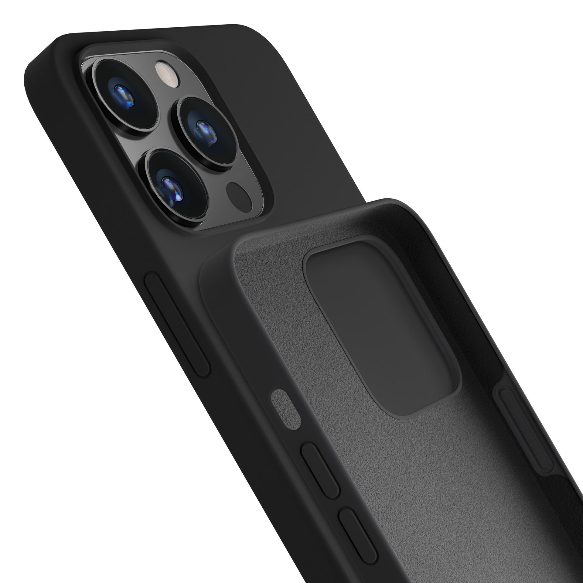 Wyświetlane jest czarne etui na telefon z wycięciami na aparat.