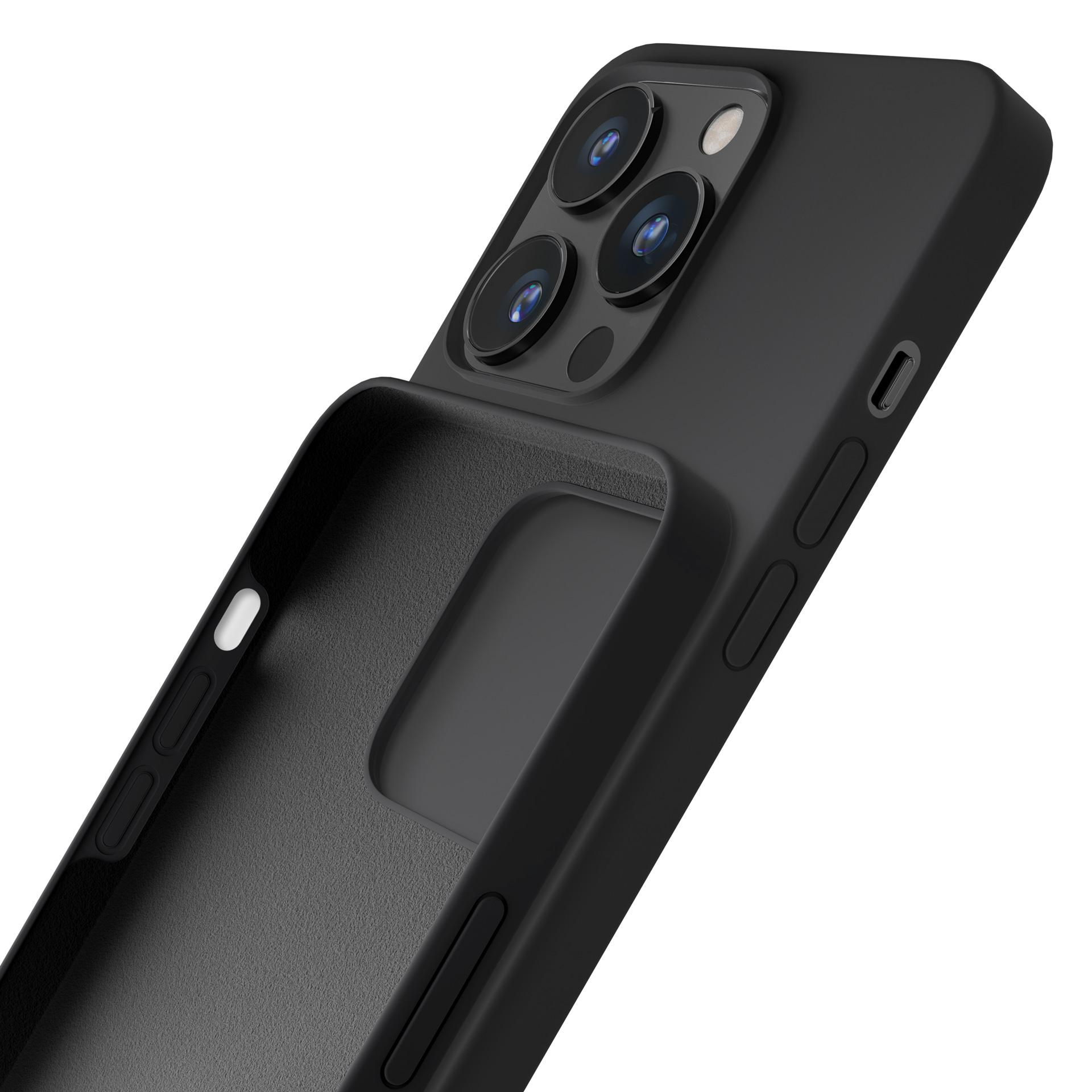 Czarne etui na telefon z wycięciami na aparat jest wyświetlane na białym tle.
