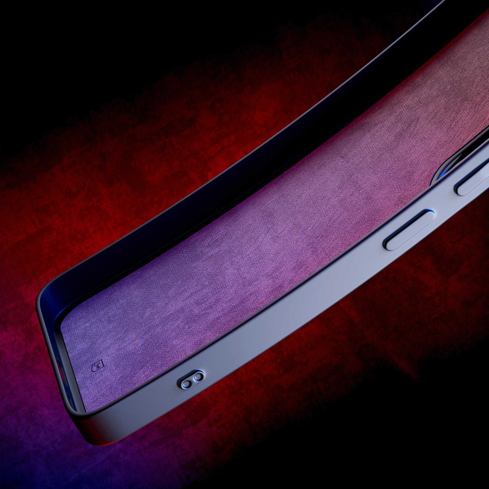 Zbliżenie przedstawia czarne etui na telefon z fioletową wkładką z tkaniny na czerwono-czarnym tle.