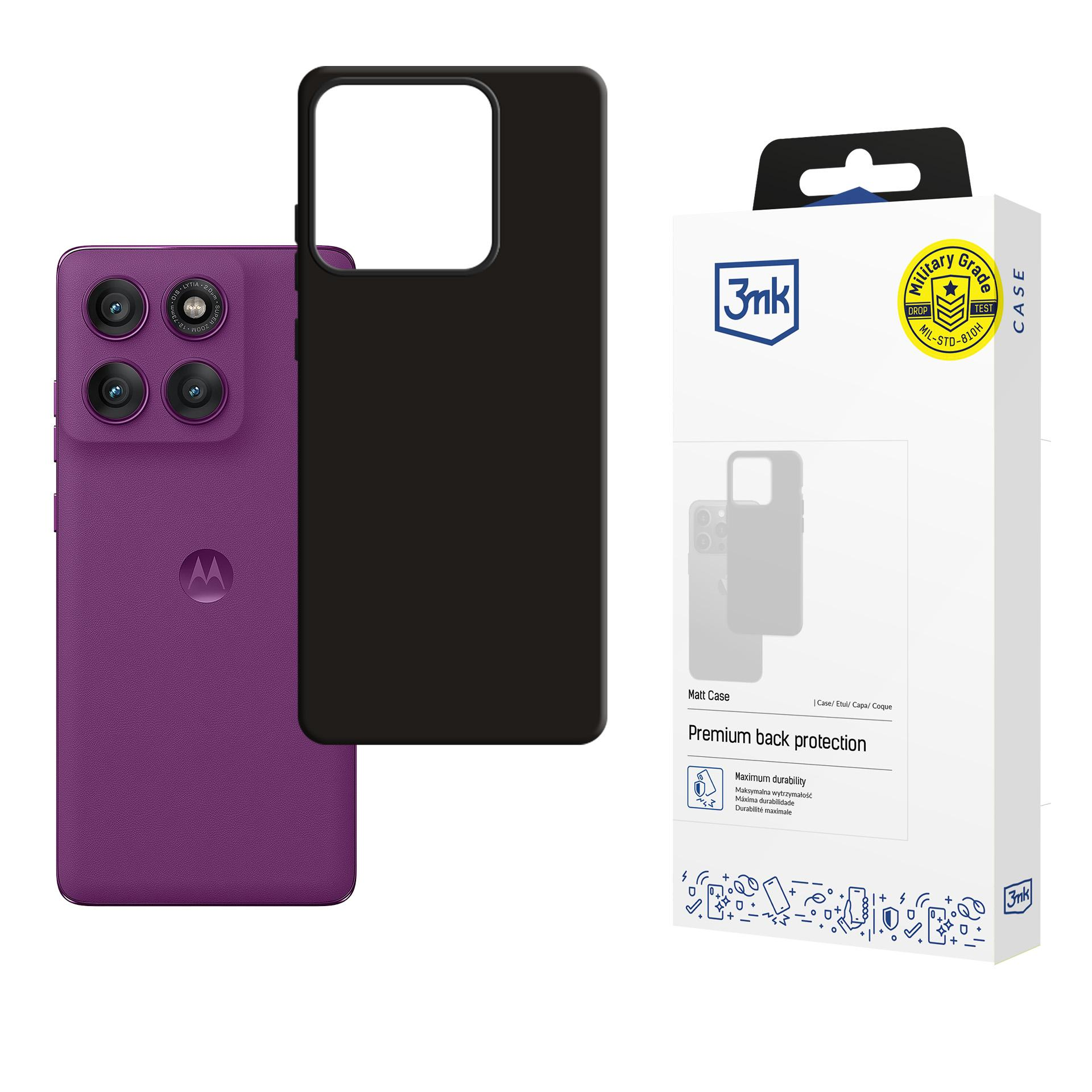 Fioletowy telefon Motorola obok czarnego etui na telefon i białego pudełka.