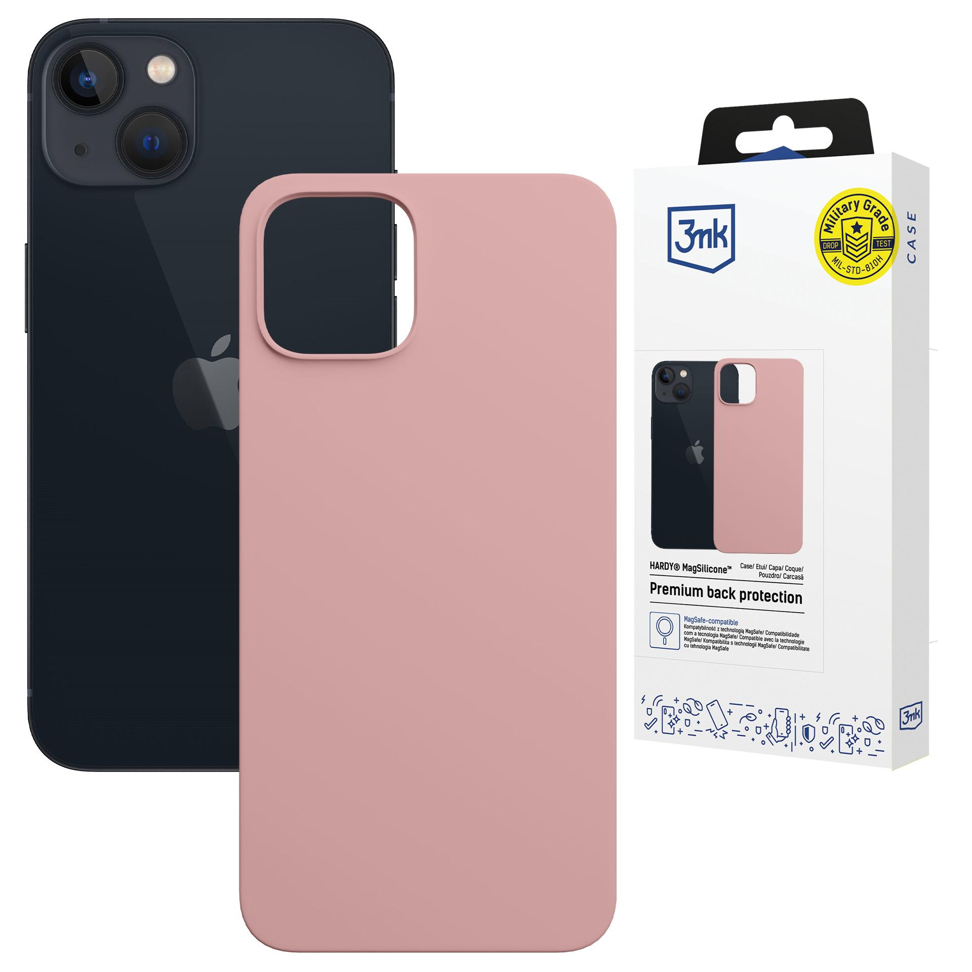 Ciemnoniebieski iPhone obok różowego etui na telefon i pudełka na etui 3mk, prezentujący ochronę telefonu.