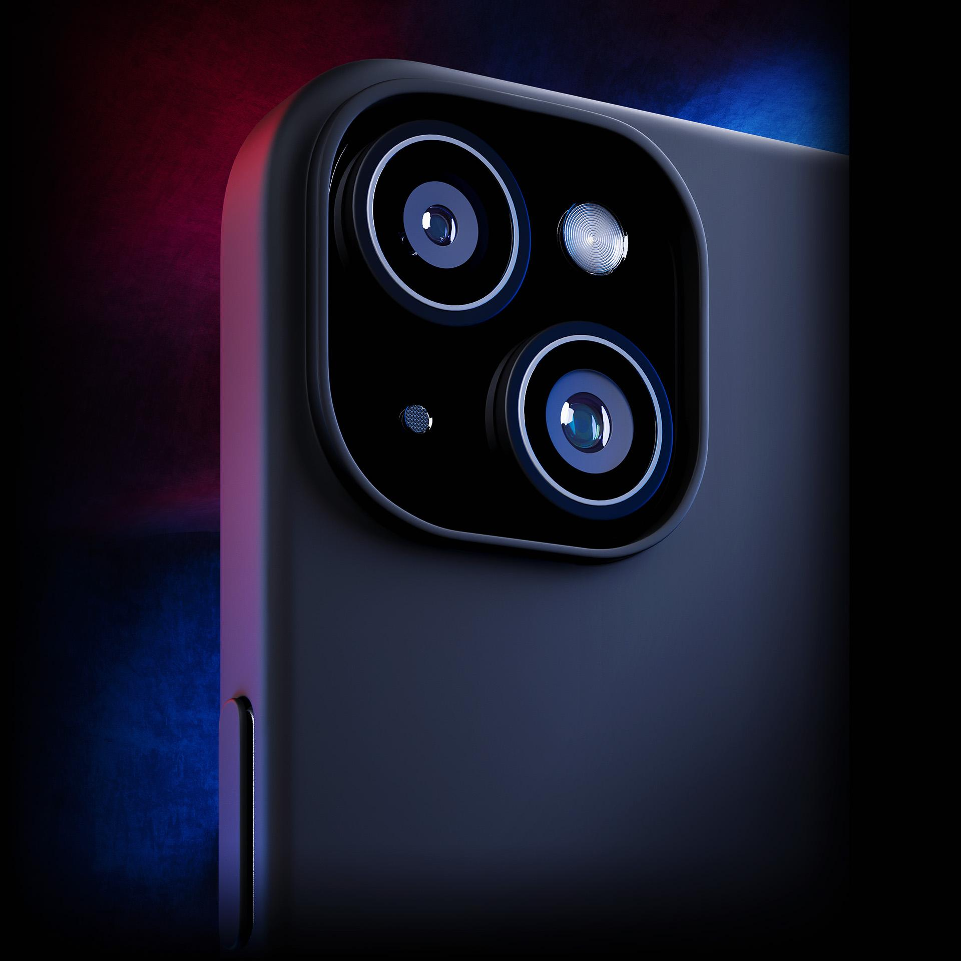 Zbliżenie ciemnego aparatu telefonicznego z trzema obiektywami na ciemnym tle.