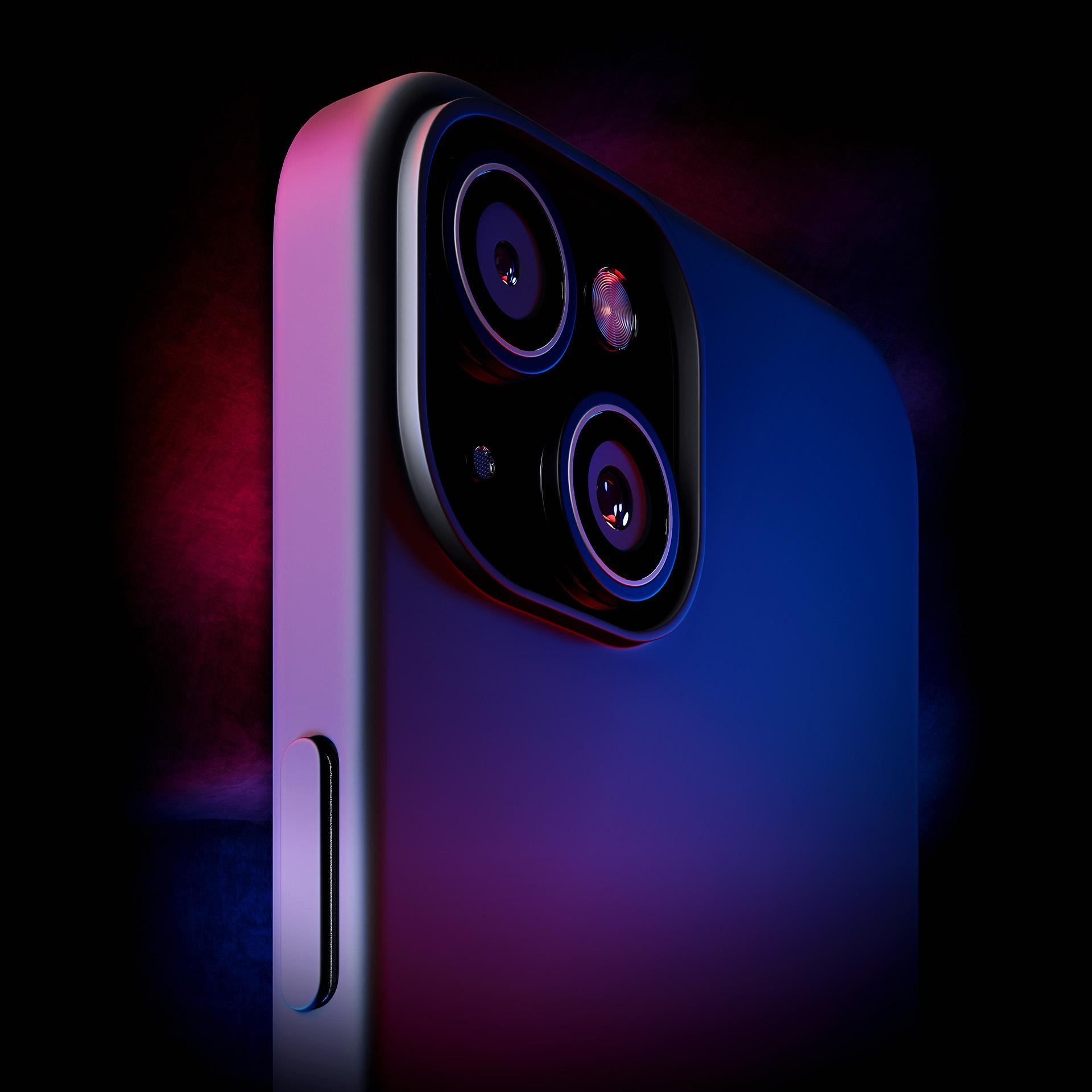 Zbliżenie ciemnego aparatu telefonicznego z trzema obiektywami na ciemnym tle.