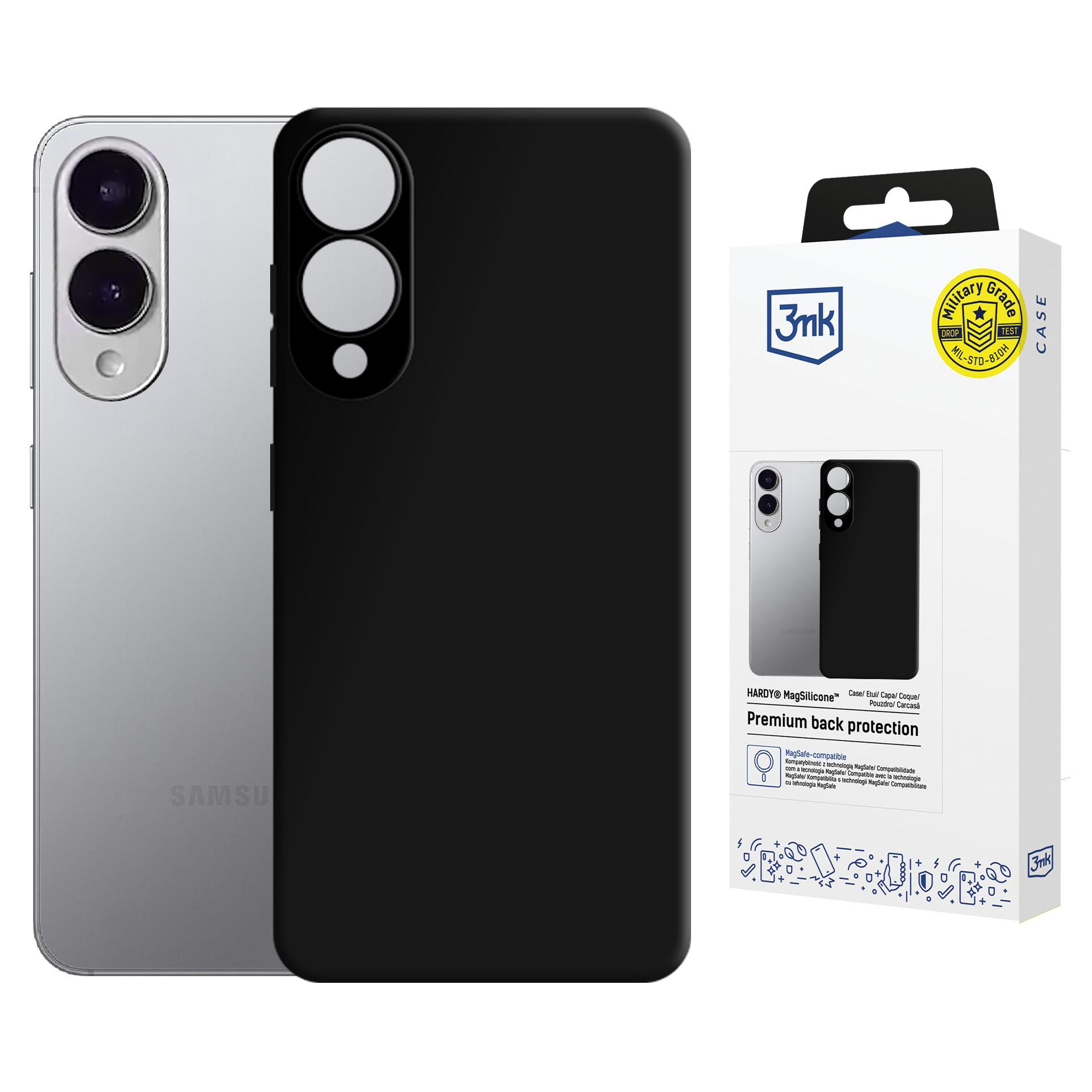 Telefon Samsung z czarnym etui i opakowaniem 3mk na białym tle.